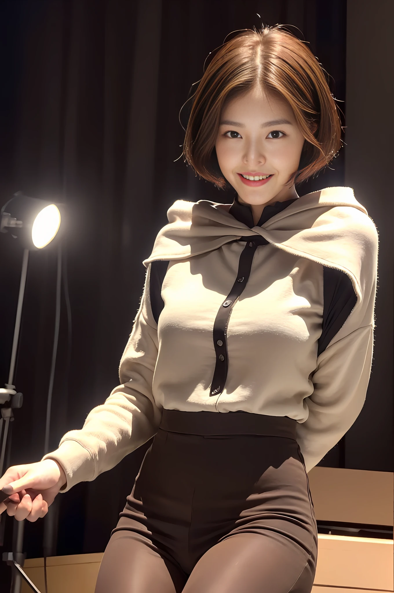 ((Realistic lighting, Best quality, 8K, Masterpiece: 1.3)), Focus: 1.2, 1girl, Perfect Figure: 1.4, ((Dark brown hair, short hair)), (JK outfit: 1.4), (On city streets: 1.8), Super fine face, fine eyes, smile