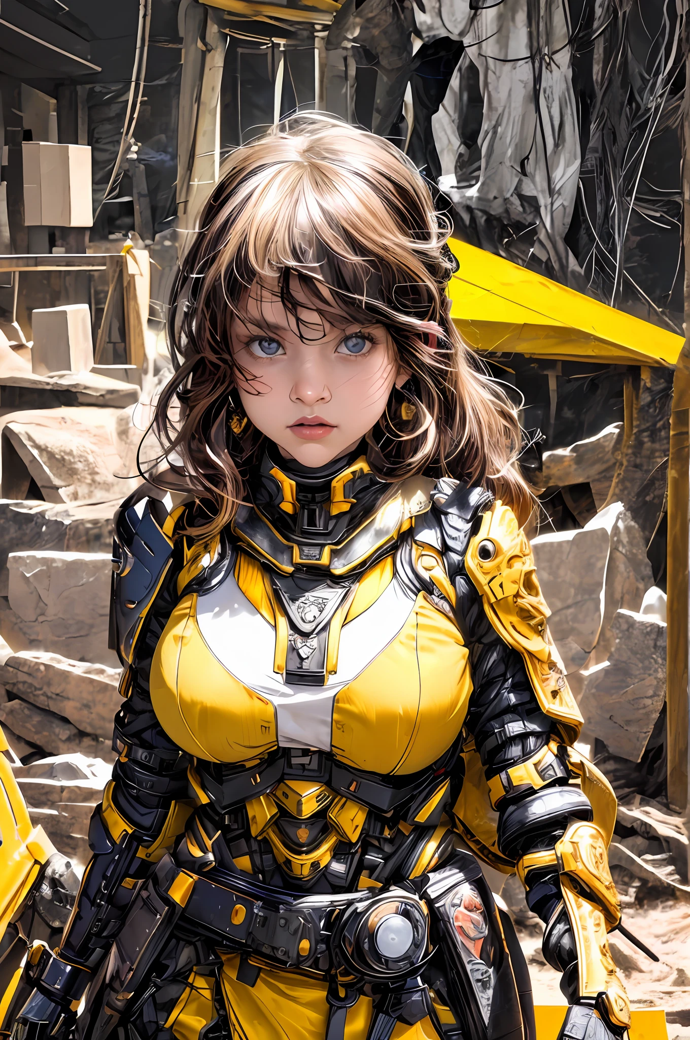 (1girl:1.3), looking at viewer, (exoskeleton suit, Maven, Average Height, Toned, Round Face, Olive Skin, Brunette Hair, Blue Eyes, Wide Nose, Full Lips, Receding Chin, Long Hair, Straight Hair, Wavy Updo, soft breasts, Threader earrings, golden, matte lipstick, Dystopian metropolis),(masterpiece, best quality, detailed shiny skin:1.2), flawless, 8k, RAW, highres,absurdres,