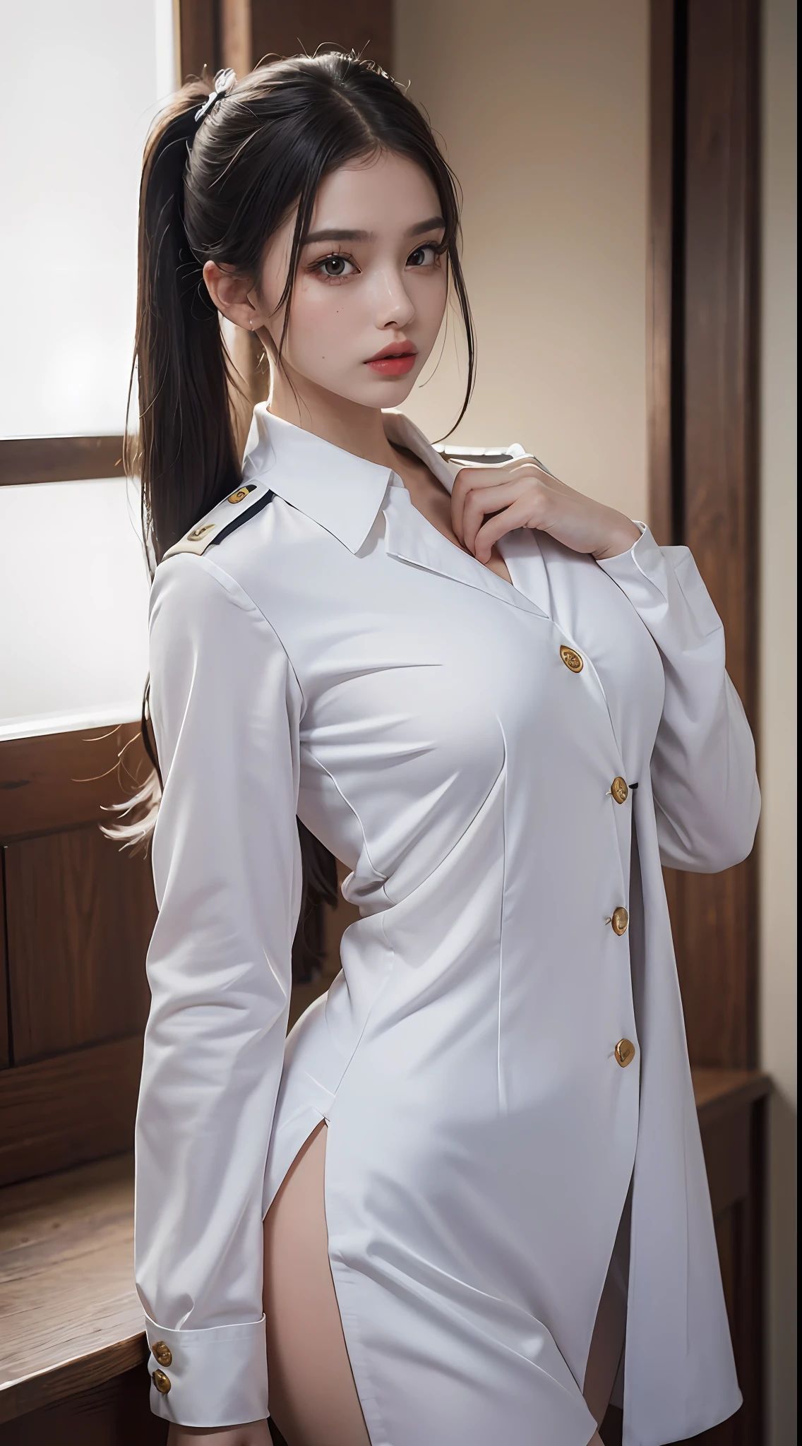 ((Top quality, 8k, Masterpiece: 1.3)), 1 girl, beauty: 1.2, (random hairstyle), ((sexy JK uniform)), (gaze at the loved one), super detailed face, detailed eyes, double eyelids, white straight hair, (((large)), correct anatomy, perfect body, standing, long legs, red lips, big breasts