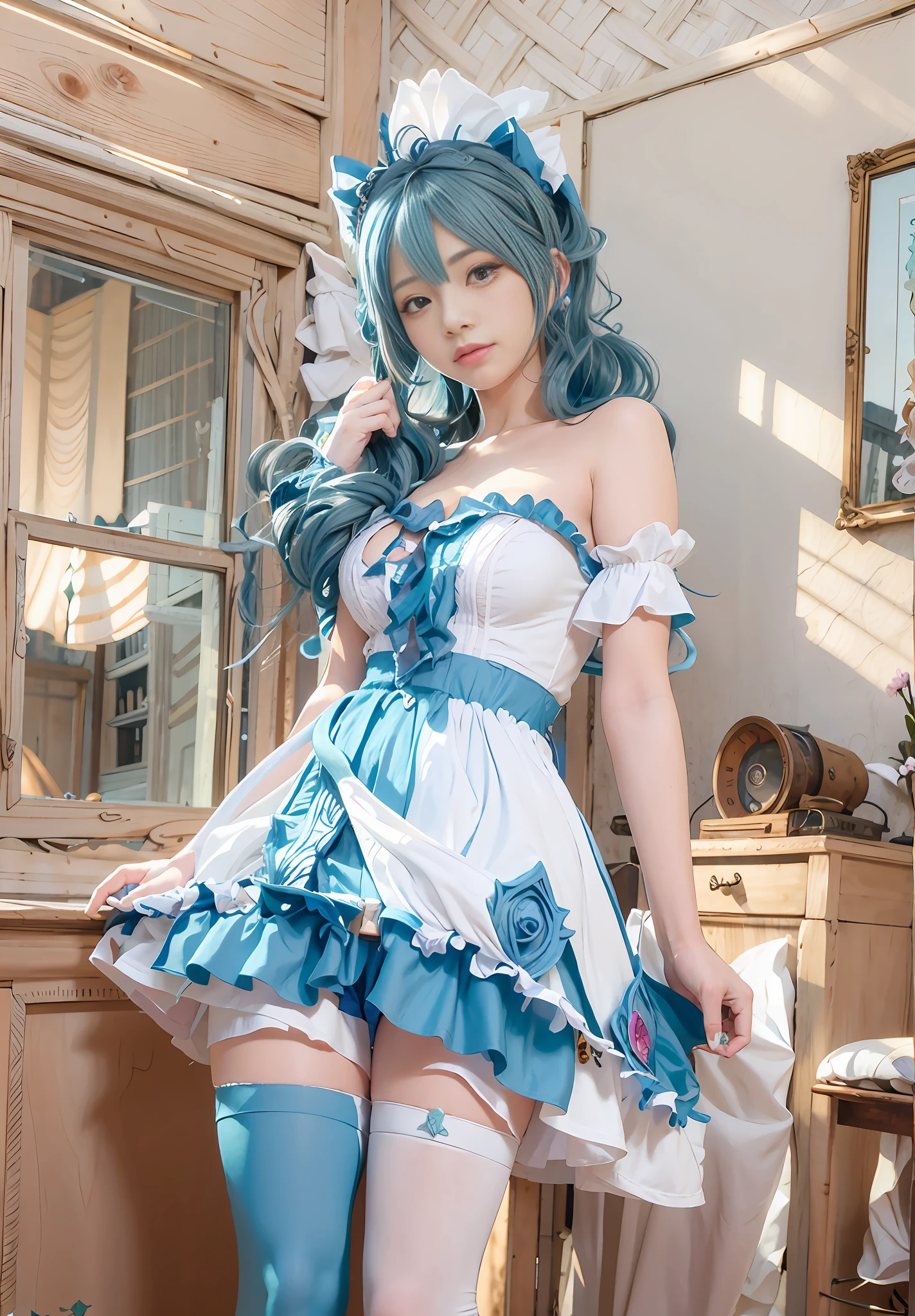 (Masterpiece Super High Quality) There is a woman in a dress and stockings posing for a picture with a sword, League of Legends anime girl role-playing, League of Legends role-playing, gorgeous role-playing, fantasy costumes, gorgeous maids, elegant and charming cosplay, anime girls in maid costumes, maid costumes, anime goddesses, cosplay, anime inspiration, blue accent costumes, cute anime outer fufu wearing beautiful clothes, anime girls in real life, blue hair (detailed face), messy, gorgeous, Highly detailed skin, realistic skin details, (visible pores), (clear focus), elegant posture with holding and large blue scissors