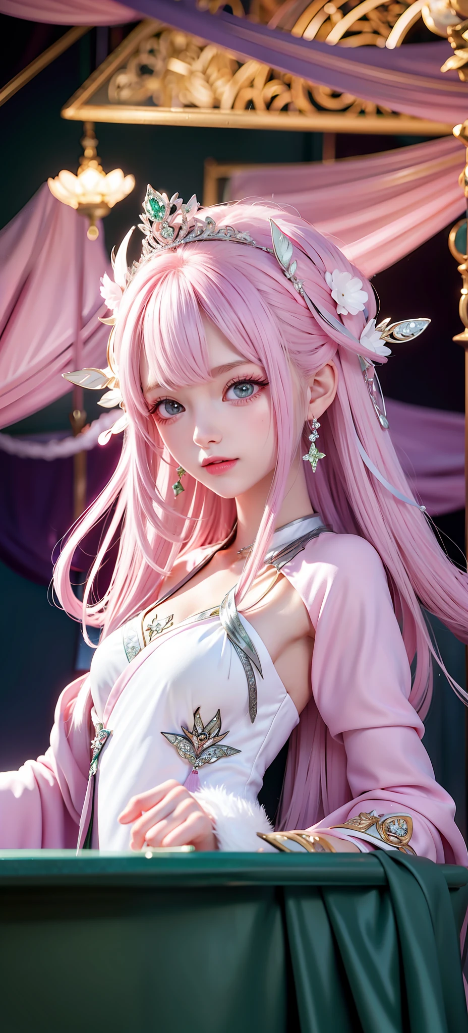 Long pink hair, green eyes, princess, silver crown, pink-purple robe, white long dress,