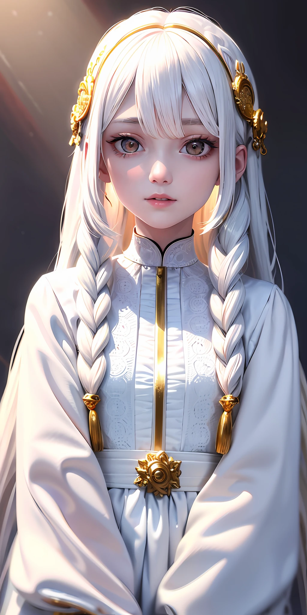 best quality, masterpiece,white hair, gold eyes,white clothes, looking up, upper body,hair strand,Fair skin,side braids