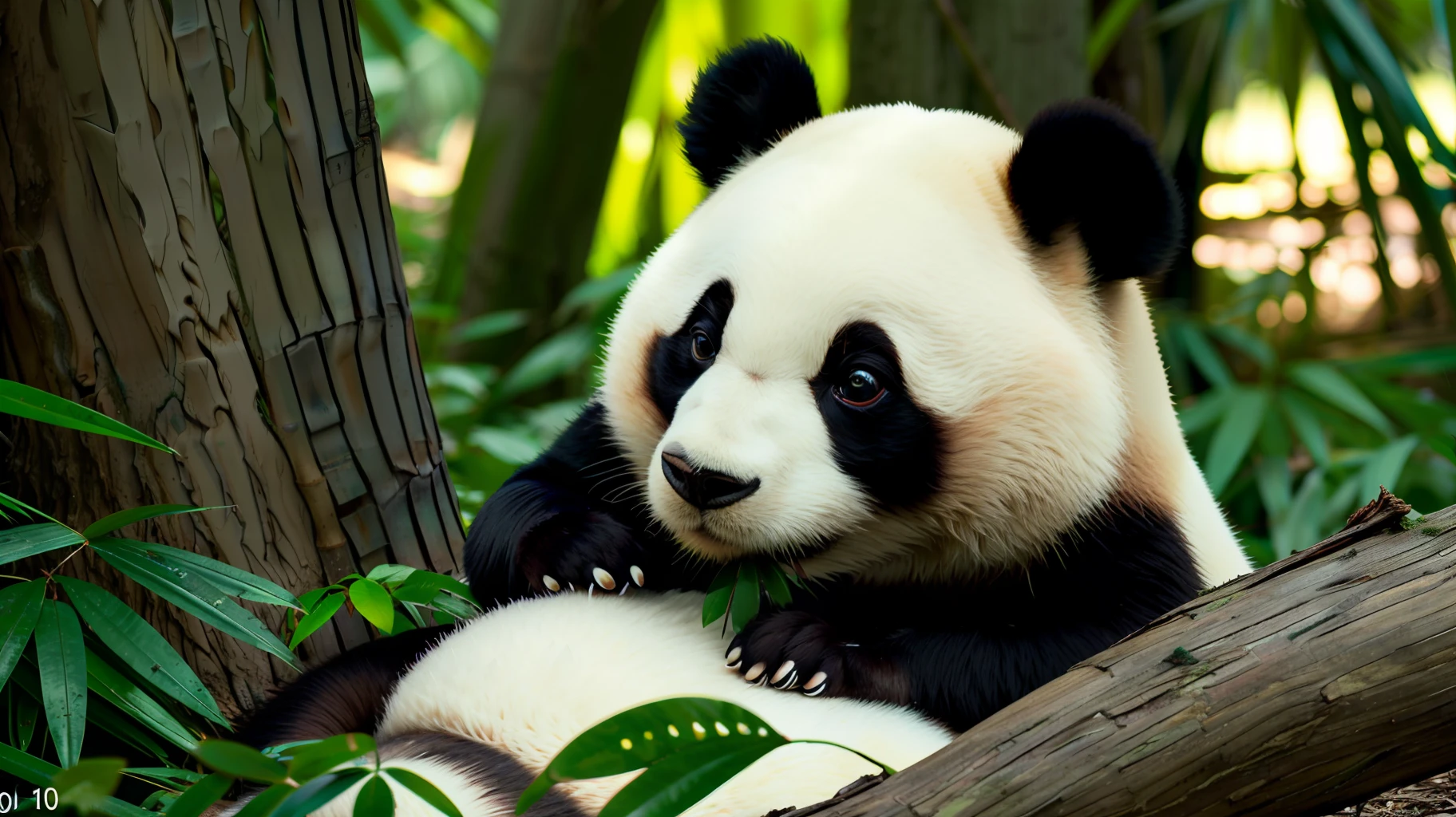 Pictures of pandas eating bamboo in the forest (good composition), (in frame), left margin, 8k, 4k, detail, attractive, beautiful, impressive, photorealistic, realistic, cinematic composition, volume lighting, high resolution, vivid, detailed, stunning, professional, realistic, clear, perfect, dslr, 4k, 8k, 16k, 1024, 2048, 4096, detailed, sharp, top quality, High quality, high resolution, absurdity, bokeh