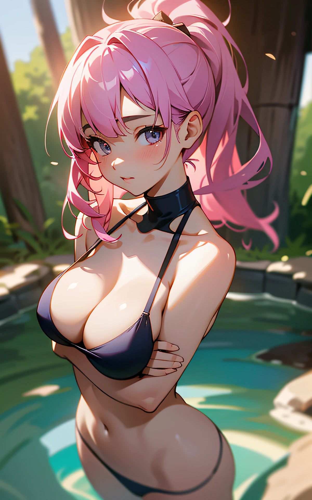 (Original Character、Unity 16K Wallpaper, Masterpiece, Best Quality, Ultra-Detailed, Extremely Detailed CG, Caustics, Cinematic Lighting, Detailed, Beautiful Detailed Eyes, NSFW:1.8, solo、cleavage、yers old), Ultra High Resolution, fine skin, (cute: 1.2, bikini), (strong light),separate swimsuit、pink hair、outdoors、slouching、vivid、hold one's chest with one's arms