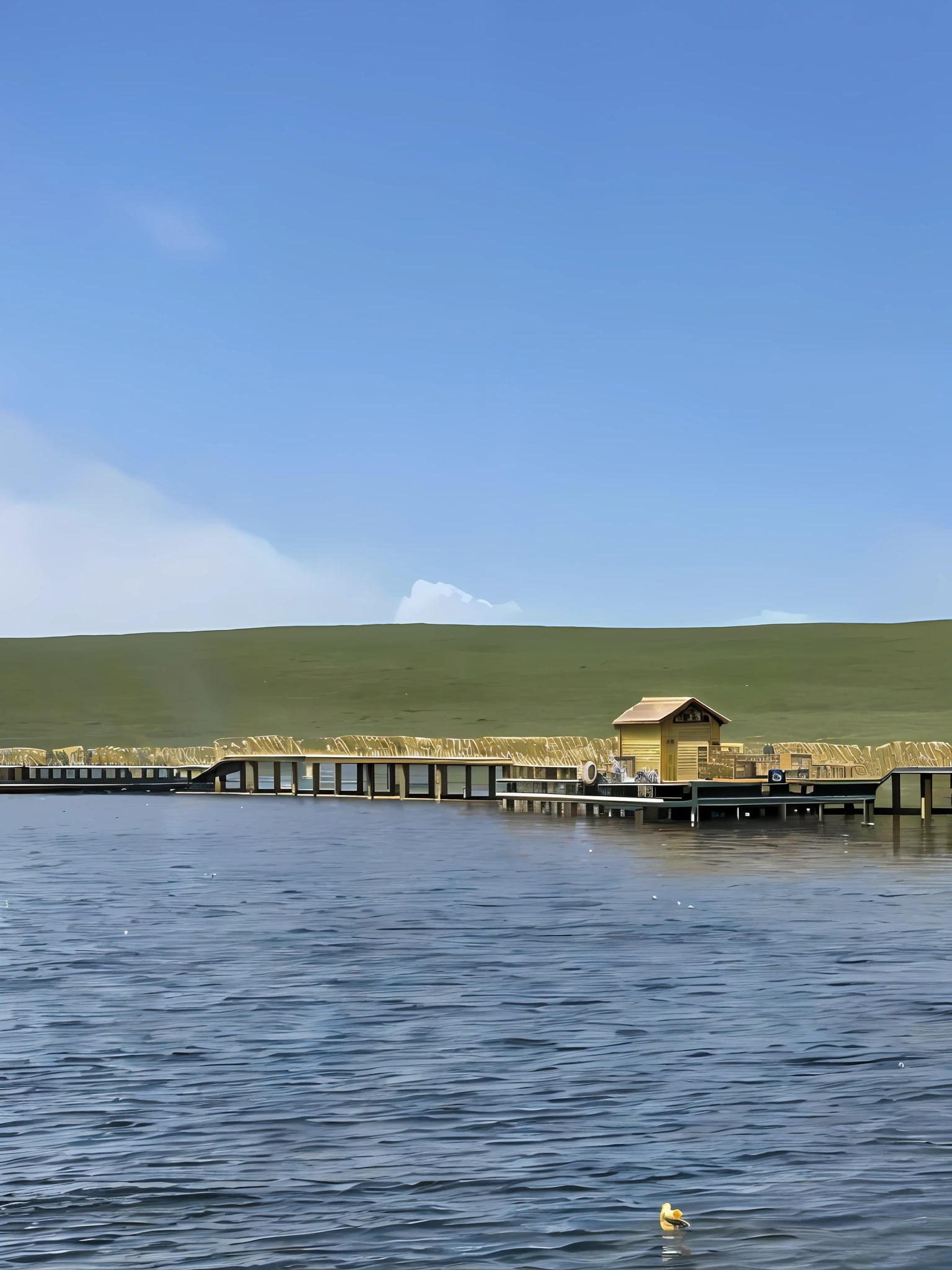 there are many birds that are standing on the water, small dock, a photo of a lake on a sunny day, detailed lake in background, lake in the background, wood pier and houses, lake foreground, iowa, lake filed with molten gold, wyoming, it has a lake in the distance, dhl yellow dhl van and the lake, lake background