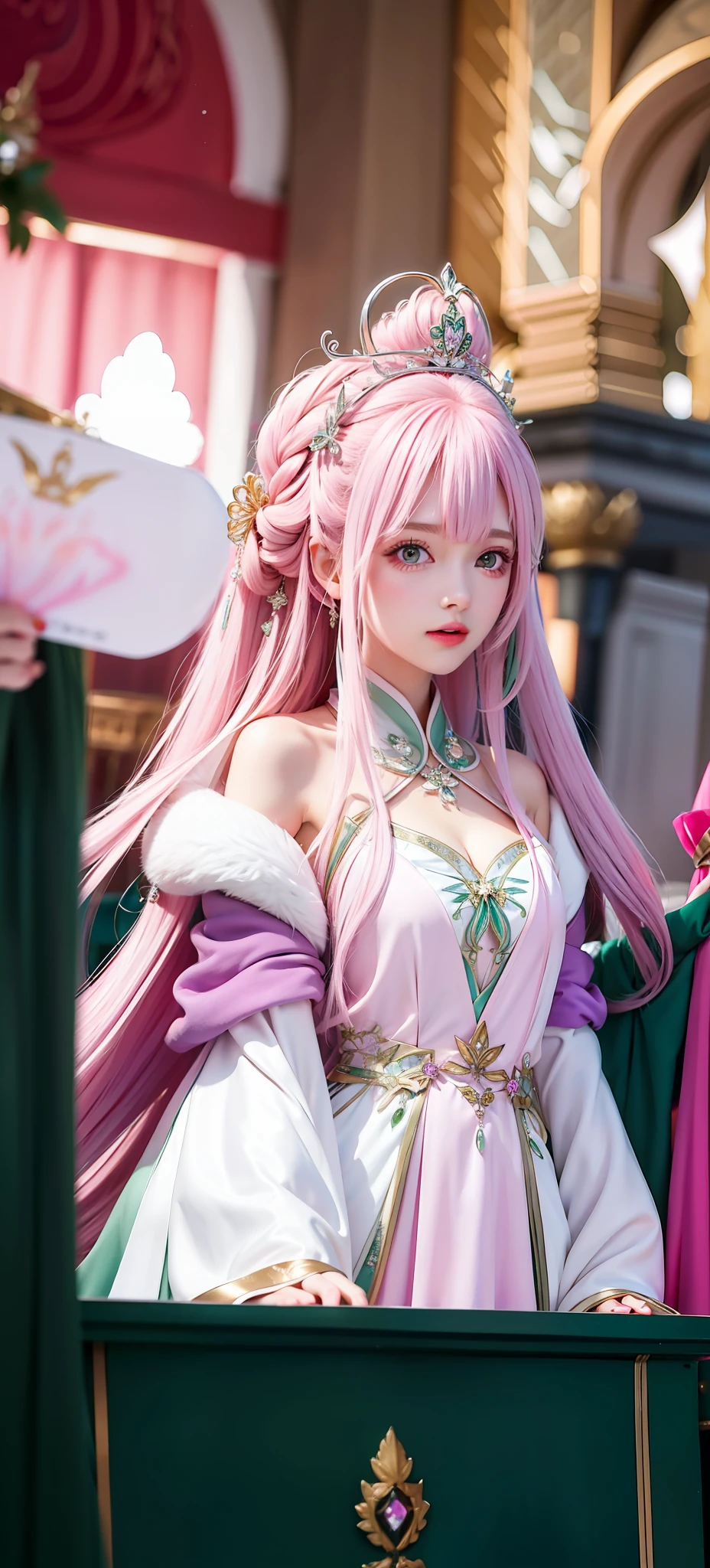 Long pink hair, green eyes, princess, silver crown, pink-purple robe, white long dress,
