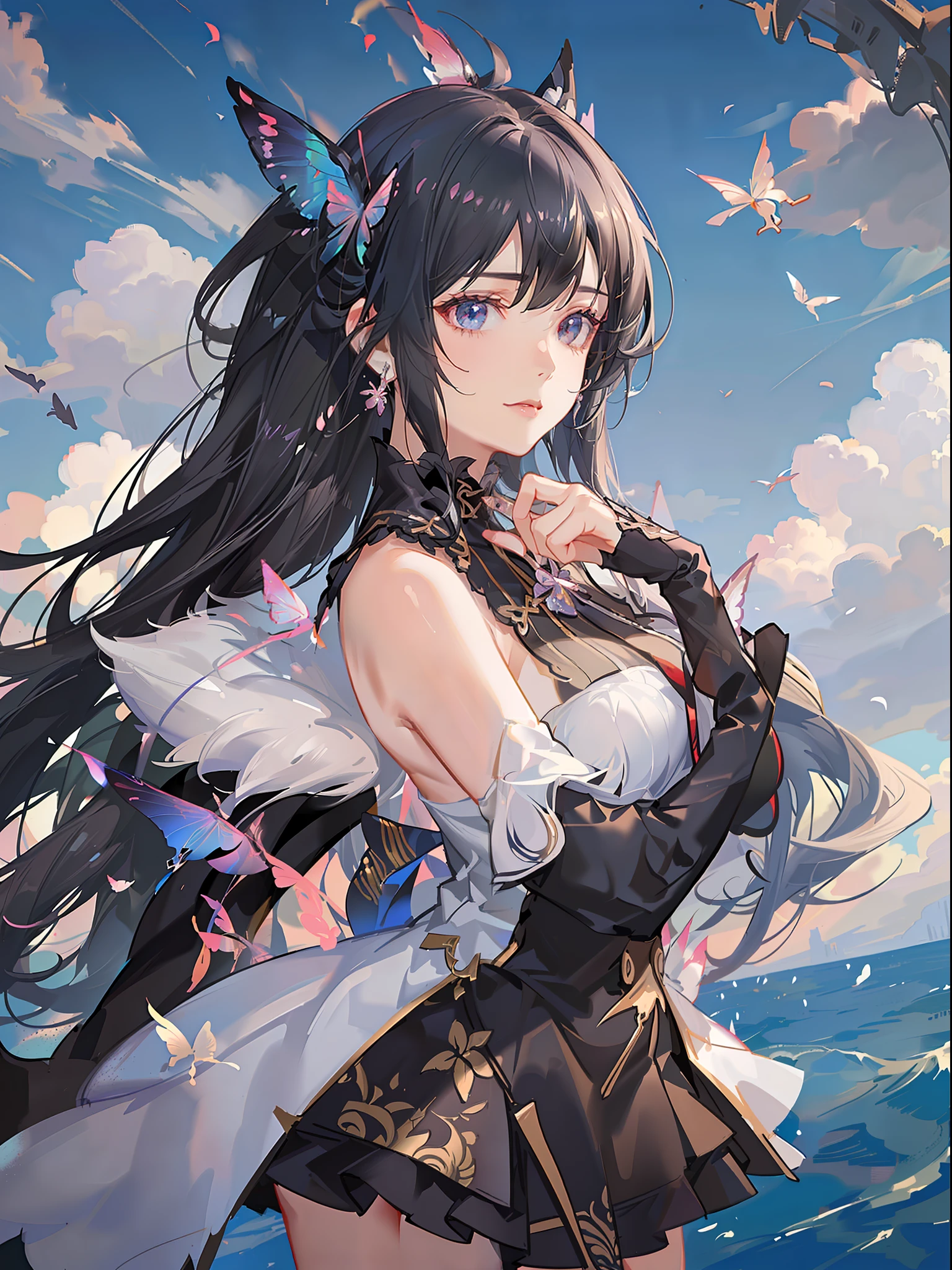 a beautiful female, hold a wind element ball, butterflies, wind dragon shows up in shadow, lake wink, gradient hair, black hair, silver hair, long hair, hair behind ear, eye reflection, cowboy shot, panorama, stereogram, ray tracing, reflection light, chiaroscuro, masterpiece, best quality, high quality, ccurate, anatomically correct, textured skin, high details, UHD, HD