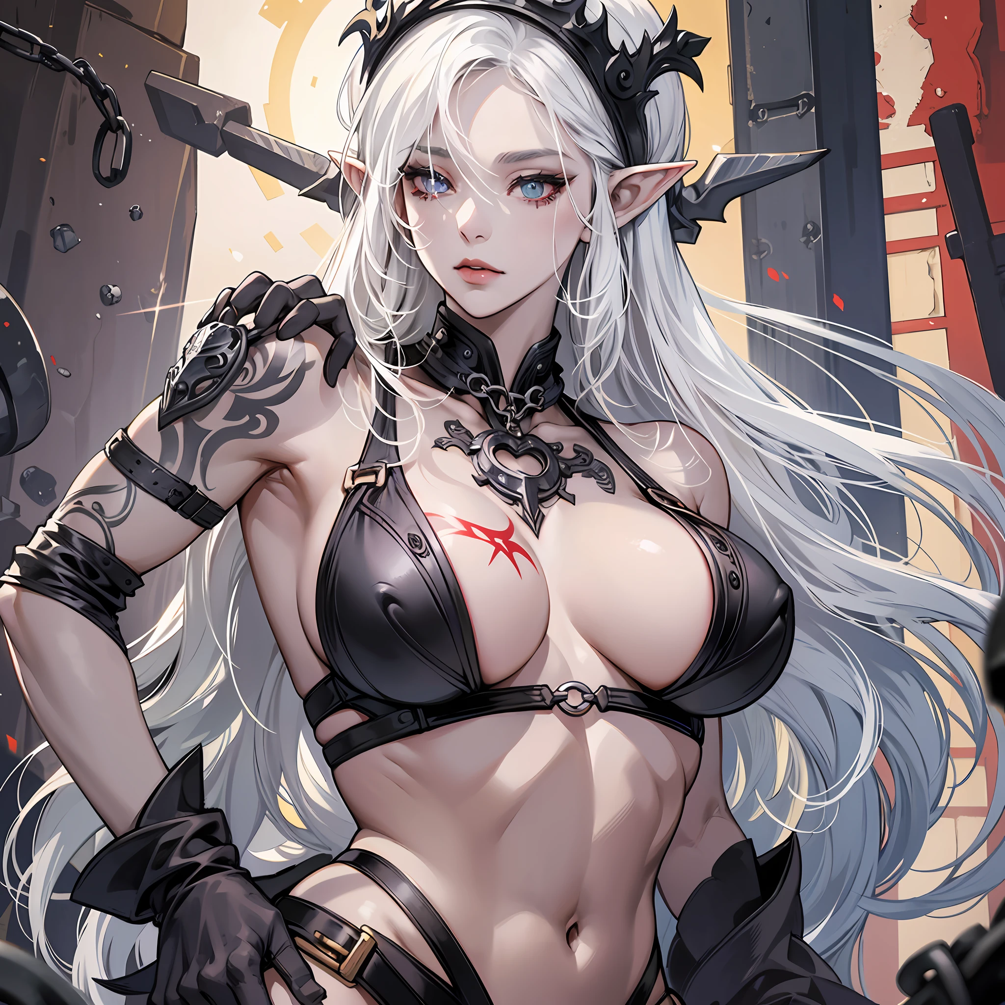 posing, grey skin, drow, elf, 1girl, mature, golden eyes, white hair, black bikini, abs, big knockers, tatter rags, chain collar, stomach tattoo (red tattoo) --auto --s2