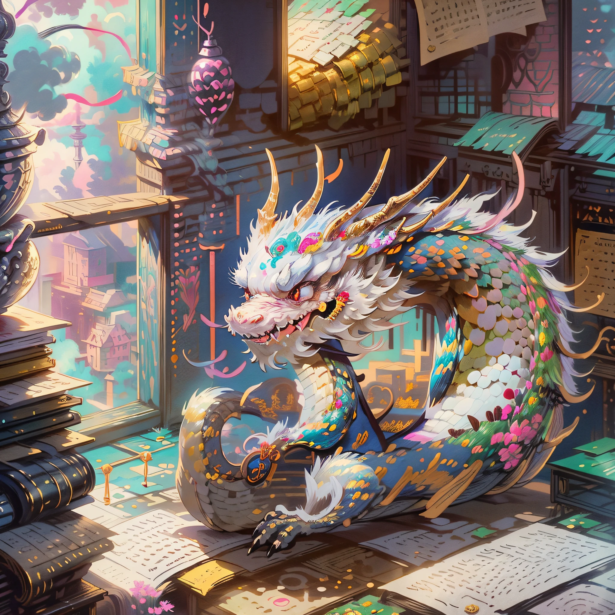 2D, Moe Fun, Q, Cute and Lovely Dragon, No Man, Best Quality, Illustration, Master Works, Fine Details, Paper Cut White, White Painting, Chalk Drawing, Flat Cartoon Disney, Spin Dragon Head, Fairy Tale Cute Dragon, White, Dragon Full of Art Atmosphere, Cute, Laughing, Happy