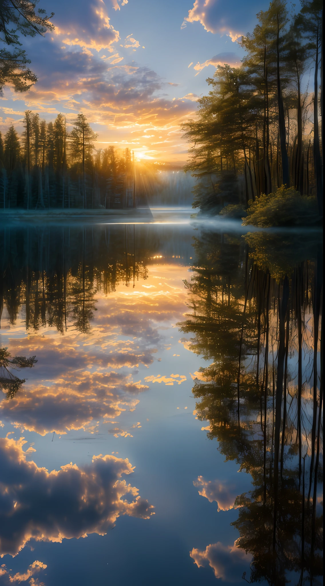 wallpaper, summer, lake, dawn, forest, detailed forest, clouds, masterpiece, cinematic, soft light, depth of field, ray tracing, reflection in water, realism, ulra detailed,