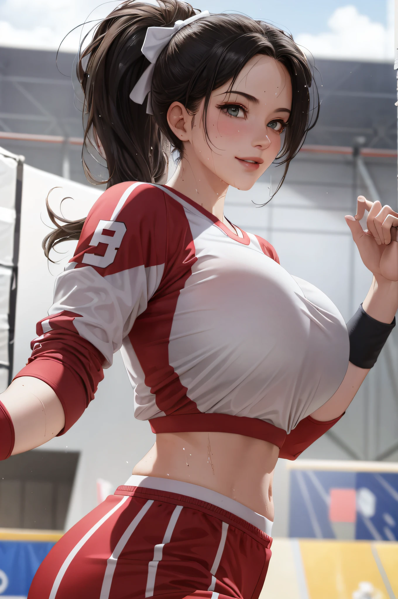 Masterpiece: 1.2, Best Quality), Realism, (Real Pictures, Intricate Details, Depth of Field), (1girl, Solo), Smile, Makeup, High Detail, Perfect Face, (Huge Tits: 1), (Skindentation), Wide Buttocks, Thin Waist, Tall, High Ponytail, (Girl Playing Volleyball, White Volleyball Uniform), (Sweating: 1.2), (Wet), Sexy, Blushing, Sports Field