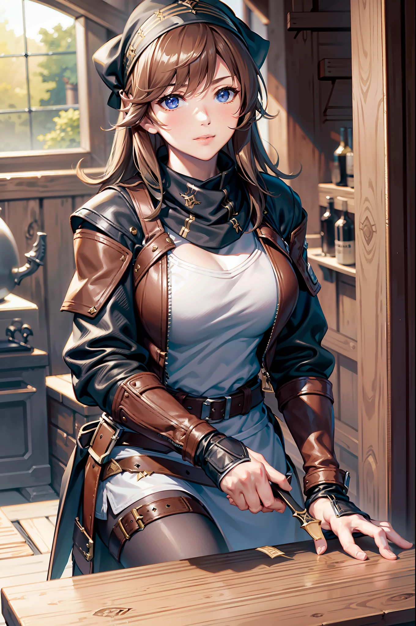 solo, masterpiece, best quality, (cygames: 1.15), 1 woman, medival, dark feeling, perfect female upper body, leather jacket, apron, bandana, (in the smithy: 1.05), blacksmithing