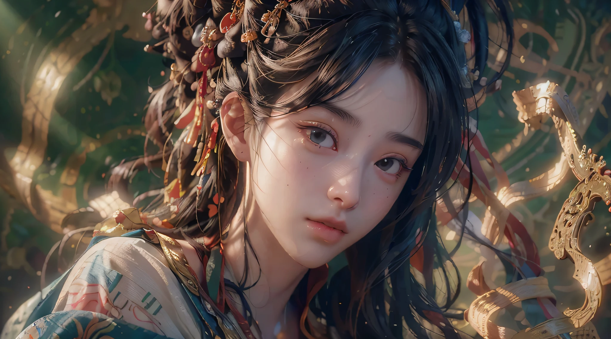 (RAW photo, best quality), (realistic, photo-realistic:1.3),best quality,highly detailed,masterpiece,ultra-detailed,illustration,1girl,upper_body,dynamic angle,world masterpiece theater,messy_long_hair,best quality,extremely detailed CG unity 8k wallpaper,ink,Amazing,cinematic lighting,lens_flare, dunhuang_style