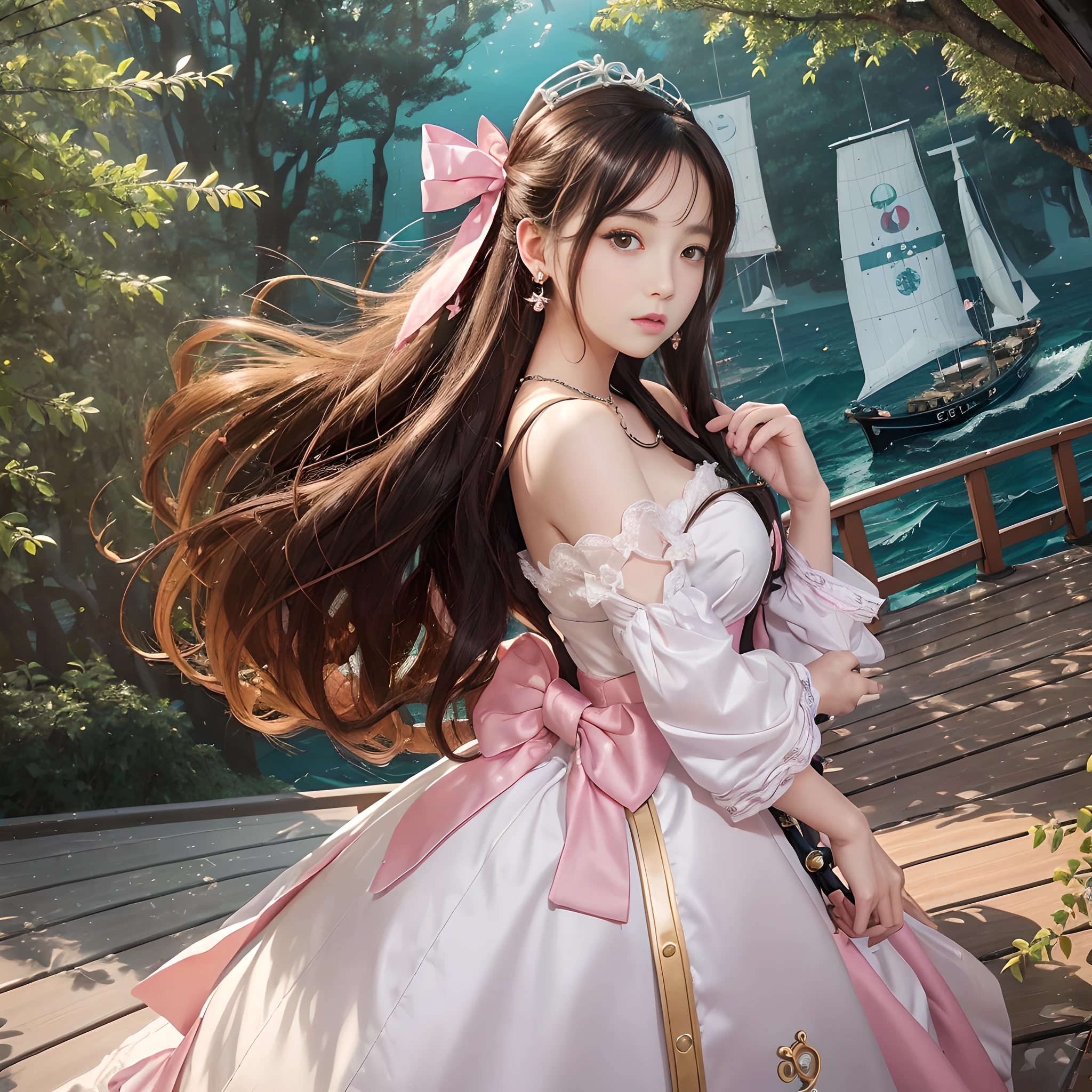 ((Realistic lighting, top quality, 8K, Masterpiece: 1.3)), Clear Focus: 1.2, 1Woman, Perfect Beauty: 1.4, Yushuxin, 1Girl, Dress, Solo, Brunette, Jewelry, Long Hair, Earrings, Bow, Pink Dress, Wood, Nature, Outdoor, Bare Shoulder, Airless Gainsboro, Long Dress, Hair Bow, Forest, Pink Bow,Strapless, Standing, Necklace, Head Tilt, Chapped Lips, Wavy Hair, Strapless Dress,Lace Sleeves, Setin dress,Close-up of woman in pink dress posing for photo,beautiful maiden,beautiful korean woman, beautiful princess, cute elegant pose, bell delphine, wearing pink dress, beautiful fantasy maiden, anime princess, beautiful fascinating anime woman,beautiful asian girl, charming anime girl, elegant glamorous cosplay,(sailing sailing in distant sea: in front of the deck bow:1.8), (beautiful orb-articulated doll:1.3), Luxurious princess dress,Looking back from afar,
