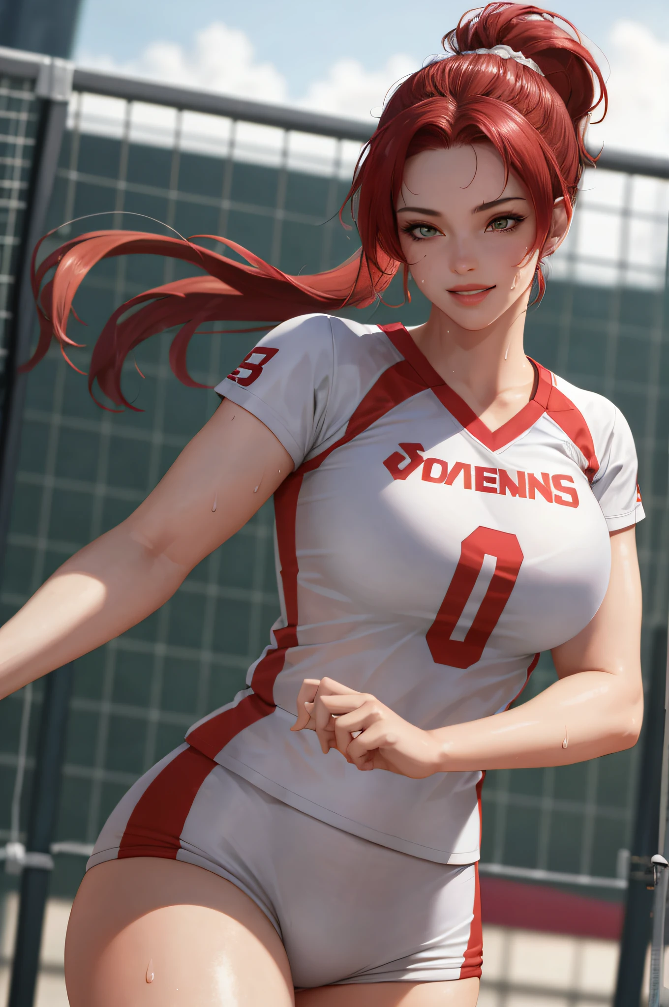 Masterpiece: 1.2, Best Quality), Realism, (Real Pictures, Intricate Details, Depth of Field), (1girl, Solo), Smile, Makeup, Lips Apart, High Detail, Perfect Face, Big Breasts, (Skindentation), Thick Thighs, Wide Buttocks, Thin Waist, Tall, Coral Lips, Red Hair, Red Eyes, Ponytail, (Girl Playing Volleyball, White Volleyball Uniform), (Sweating: 1.2), (Wet), Sexy, Blushing,
