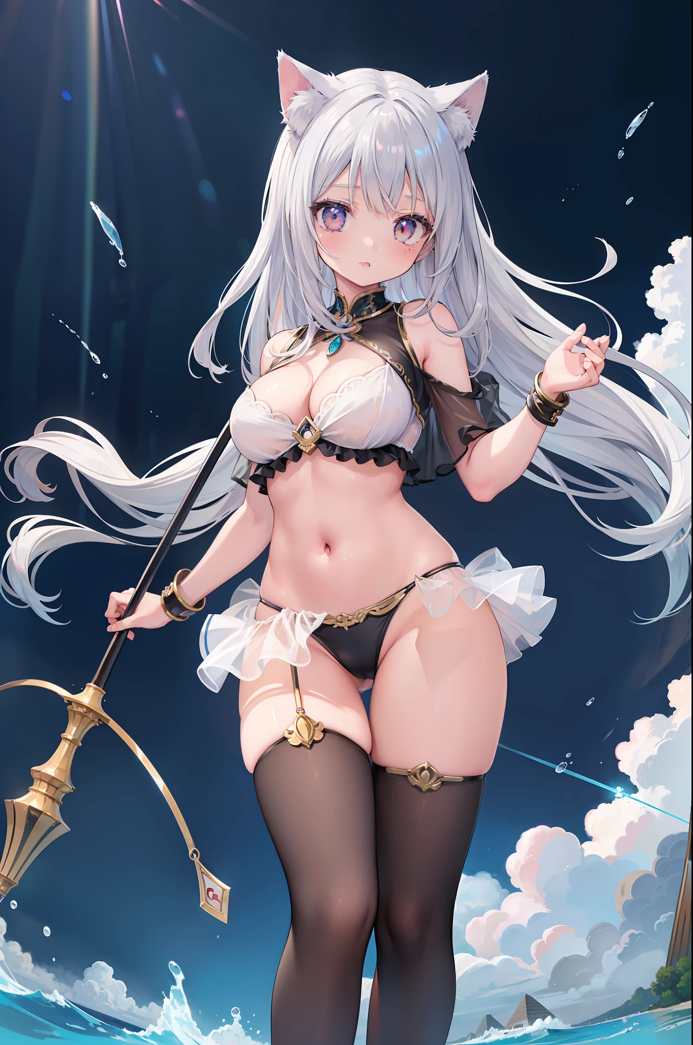 (Masterpiece), (Top Quality Anime Illustration), (Super Definition), One Girl, Solo, Beautiful Girl with Silver Hair, Anime , Cat Ear Lolirge Breasts, Cleavage Emphasis, Underboob, Thigh Emphasis, Bastet God Costume, See-through, Egyptian Mythology, Water
