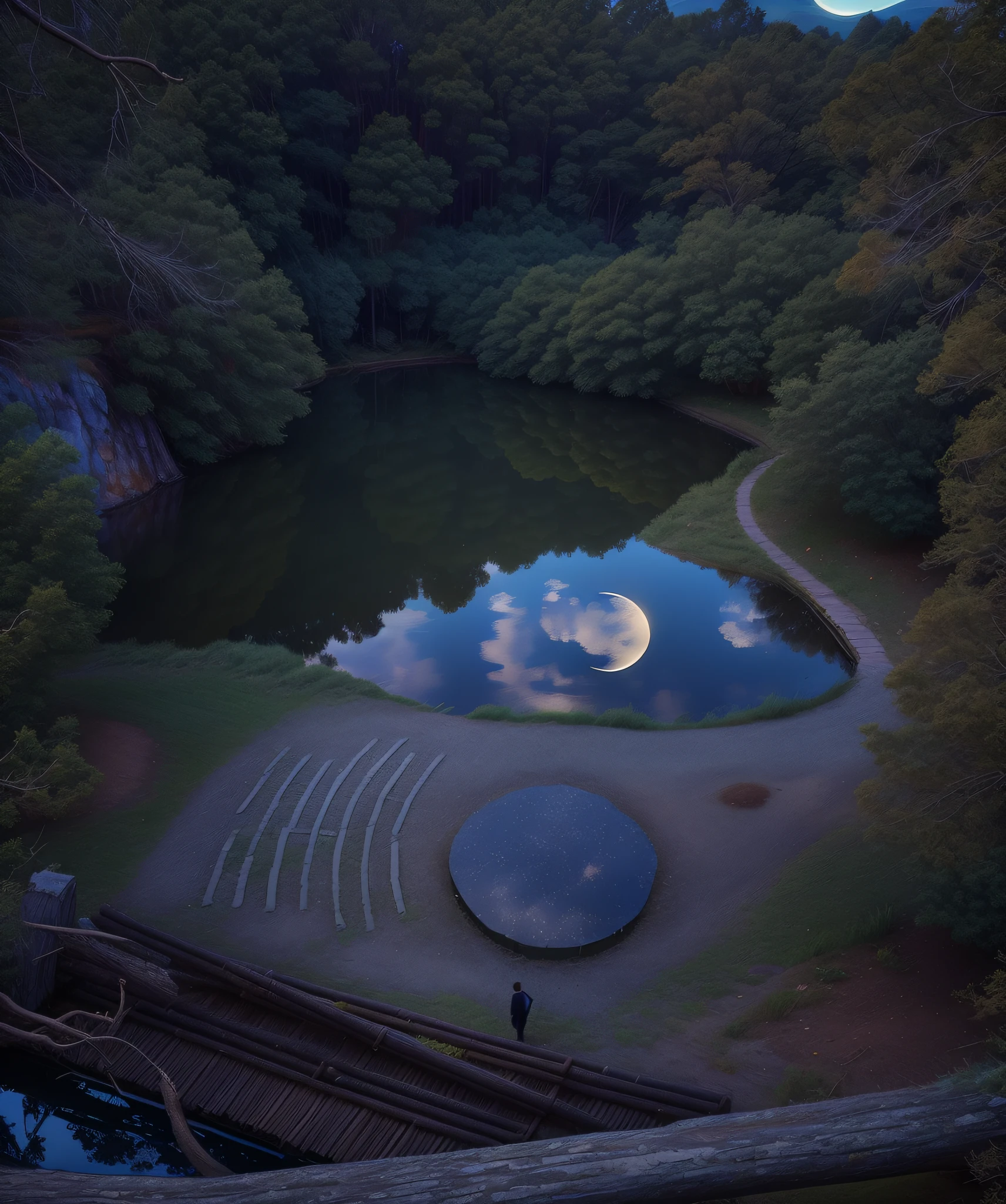 (black silhouette couple near the lake 1.8) (high definition) (capturing fine details) (realistic) (moon is reflected in the lake 1.8).