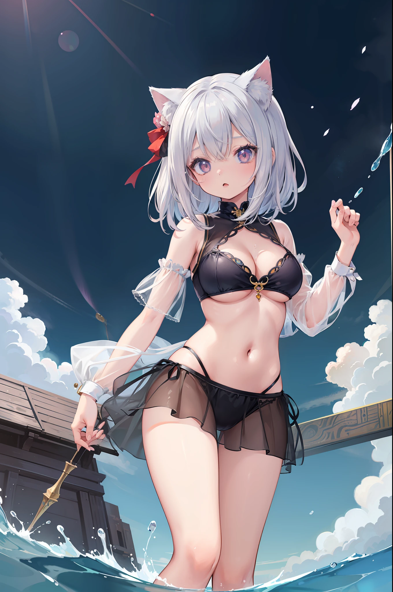 (Masterpiece), (Top Quality Anime Illustration), (Super Definition), One Girl, Solo, Beautiful Girl with Silver Hair, Anime , Cat Ear Lolirge Breasts, Cleavage Emphasis, Underboob, Thigh Emphasis, Bastet God Costume, See-through, Egyptian Mythology, Water