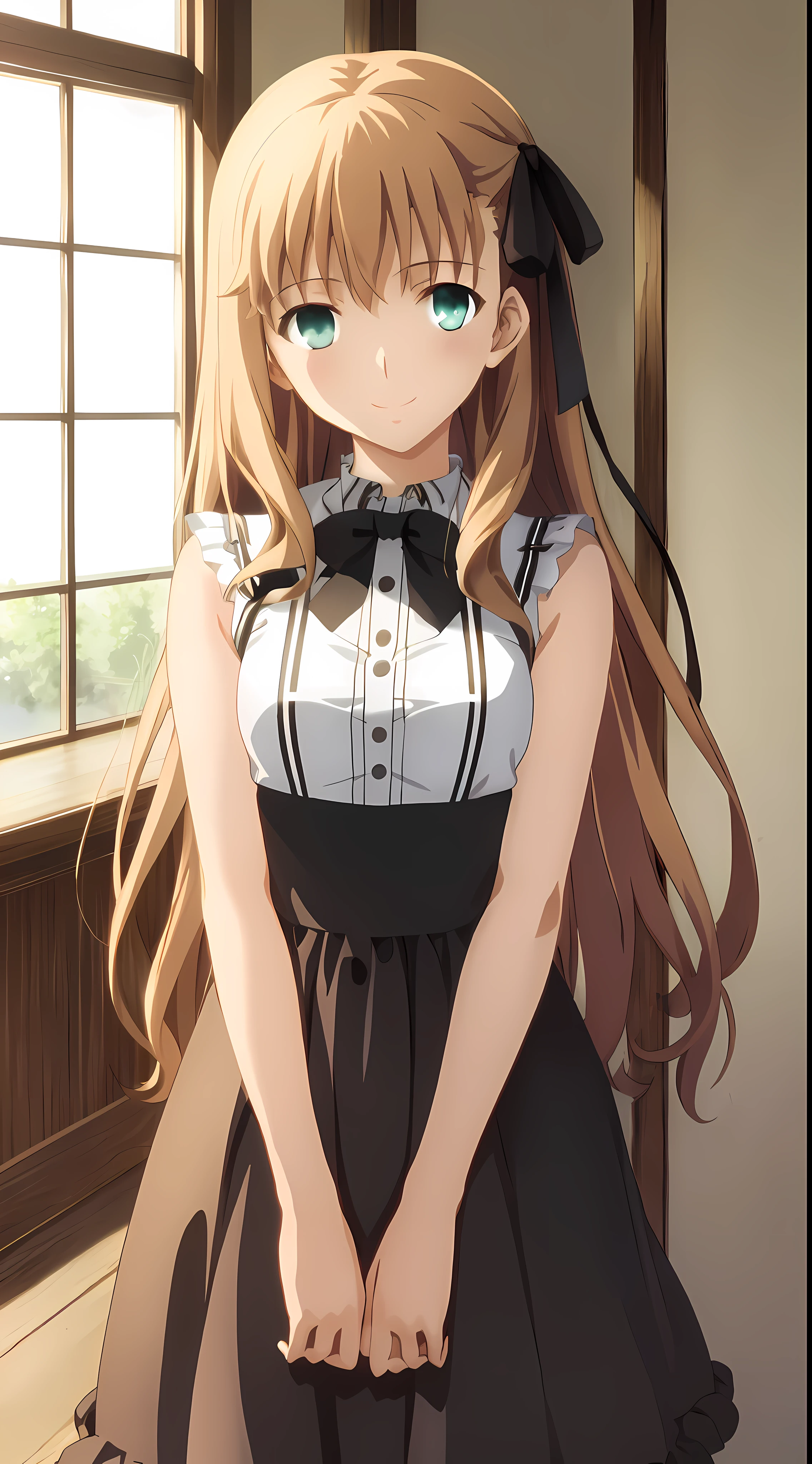 (masterpiece, best quality, ultra resolution, high-res, ufotable screen cap, official art, closeup), a cute and happy girl, 1girl, solo, blonde very long hair, green eyes, detailed eyes, beautiful detailed eyes, hands behind back, arms behind back, sleeveless white shirt, black skirt, (small breasts, Loli:1.2), big smile, happy, cute, looking at viewer, indoors, very very cute, soft expression