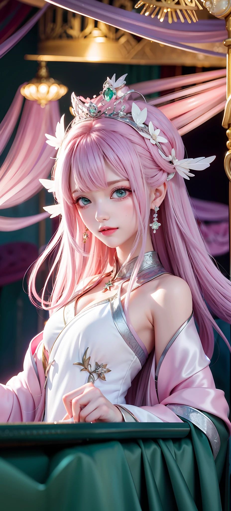 Long pink hair, green eyes, princess, silver crown, pink-purple robe, white long dress,
