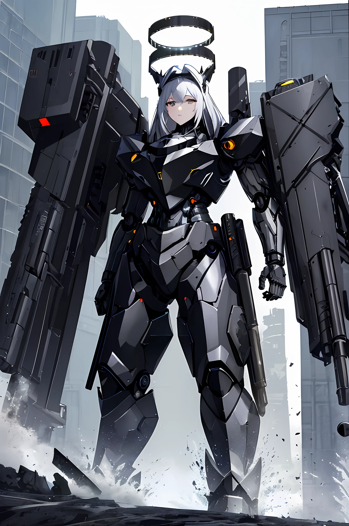 Top quality, masterpiece, highly detailed 8k wallpaper, female robot, mechanical joint limbs, the whole body is covered with heavy mechanical armor, connected cables, tubes connecting the body, long white hair, huge armor on both shoulders, huge thrusters on the hips, open stance, depiction from knees to head, floating mechanical fortress, (Sharp-angled headgear on both sides of the head:1.2), (Mechanical Giant Black Halo: 1.2), backpack weapon, Black Giant Weapon, Black Giant Canon, Black Giant Laser Rifle, Mechanical Nuclear Giant Rifle,