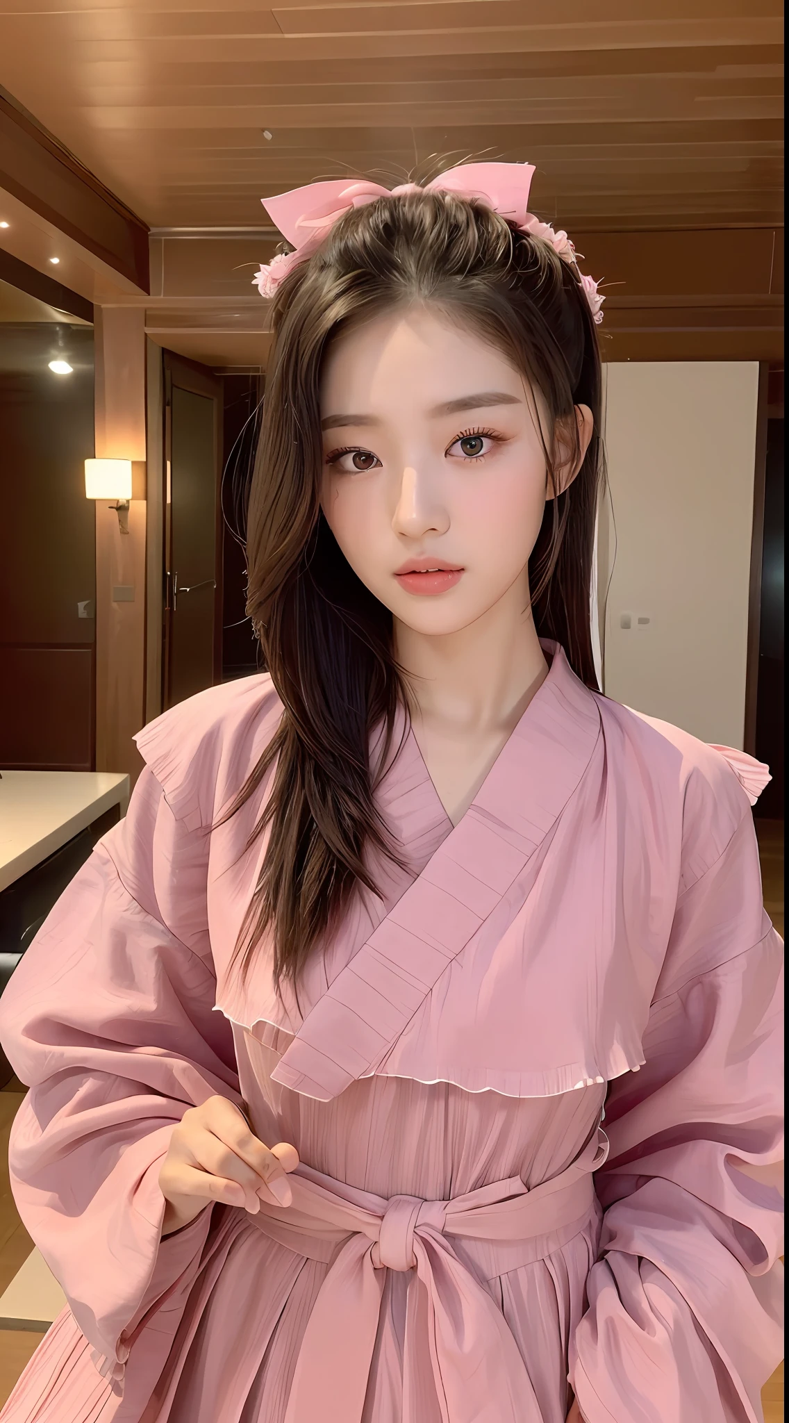 ((Best quality, 8k, Masterpiece :1.3)), Sharp focus :1.2, Perfect Body Beauty:1.4, Slim Abs:1.2, ((Layered Hairstyle:1.2)), (Pink Summer Hanbok: 1.1), (Indoor: 1.2), Highly detailed face and skin texture, Fine eyes, Double eyelids,