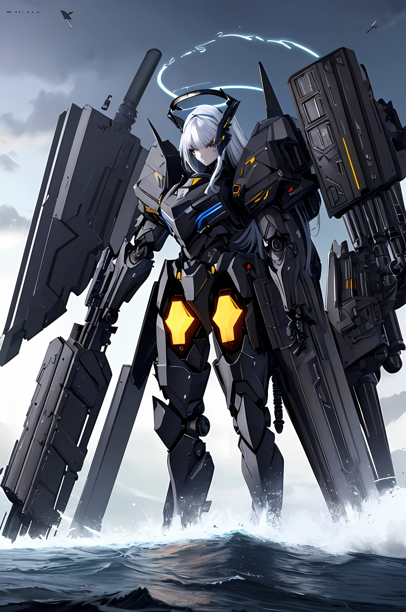 Top quality, masterpiece, highly detailed 8k wallpaper, female robot, mechanical joint limbs, the whole body is covered with heavy mechanical armor, connected cables, tubes connecting the body, long white hair, huge armor on both shoulders, huge thrusters on the hips, open stance, depiction from knees to head, floating mechanical fortress, (Sharp-angled headgear on both sides of the head:1.2), (Mechanical Giant Black Halo: 1.2), backpack weapon, Black Giant Weapon, Black Giant Canon, Black Giant Laser Rifle, Mechanical Nuclear Giant Rifle,