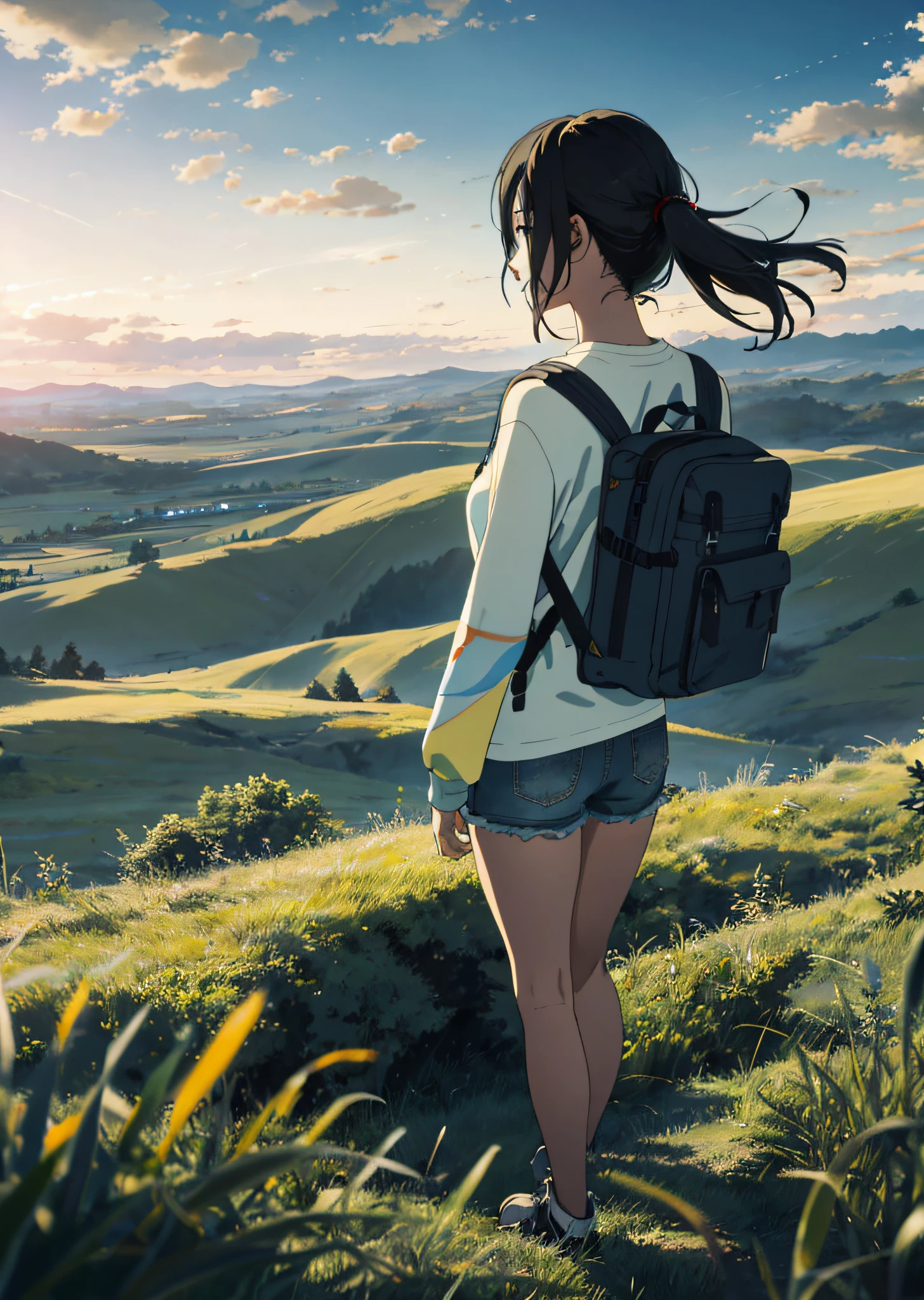 The vast sky, beautiful skyline, large grasslands, extremely tense and dramatic pictures, moving visual effects, the high-hanging Polaris, and colorful natural light. Long-sleeved top, denim shorts, and a girl with a backpack.