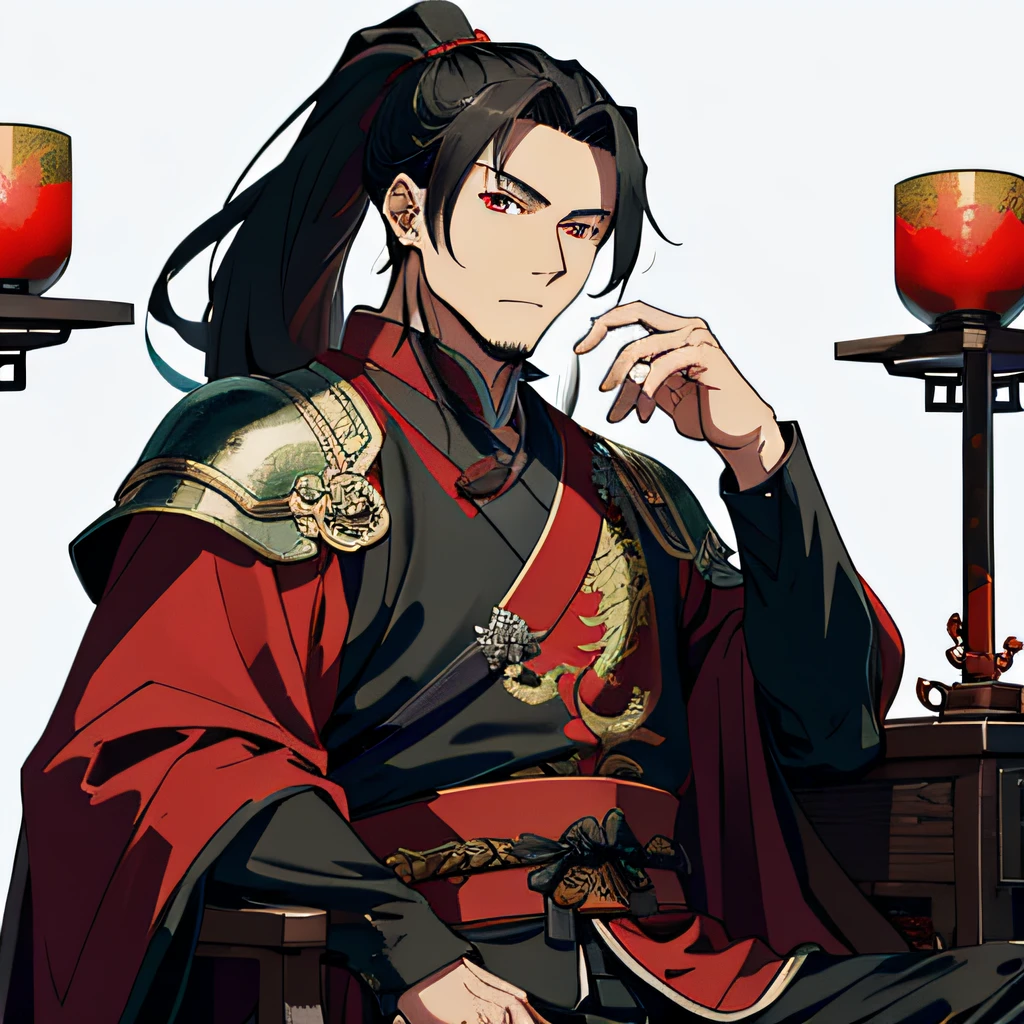 A mature man, Qin Shi Huang, long hair, high ponytail, red eyes, burly figure, black armor, red cape, waist boasting sword, sitting on a dragon chair, chinoiserie, masterpiece, the best quality