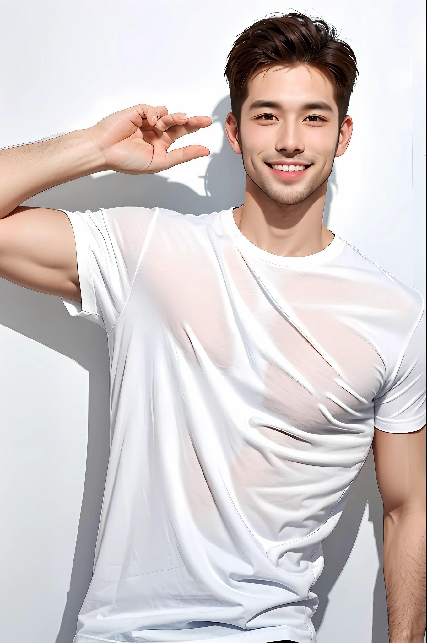White cloth background, trendy T-shirt, handsome male model, playful smile