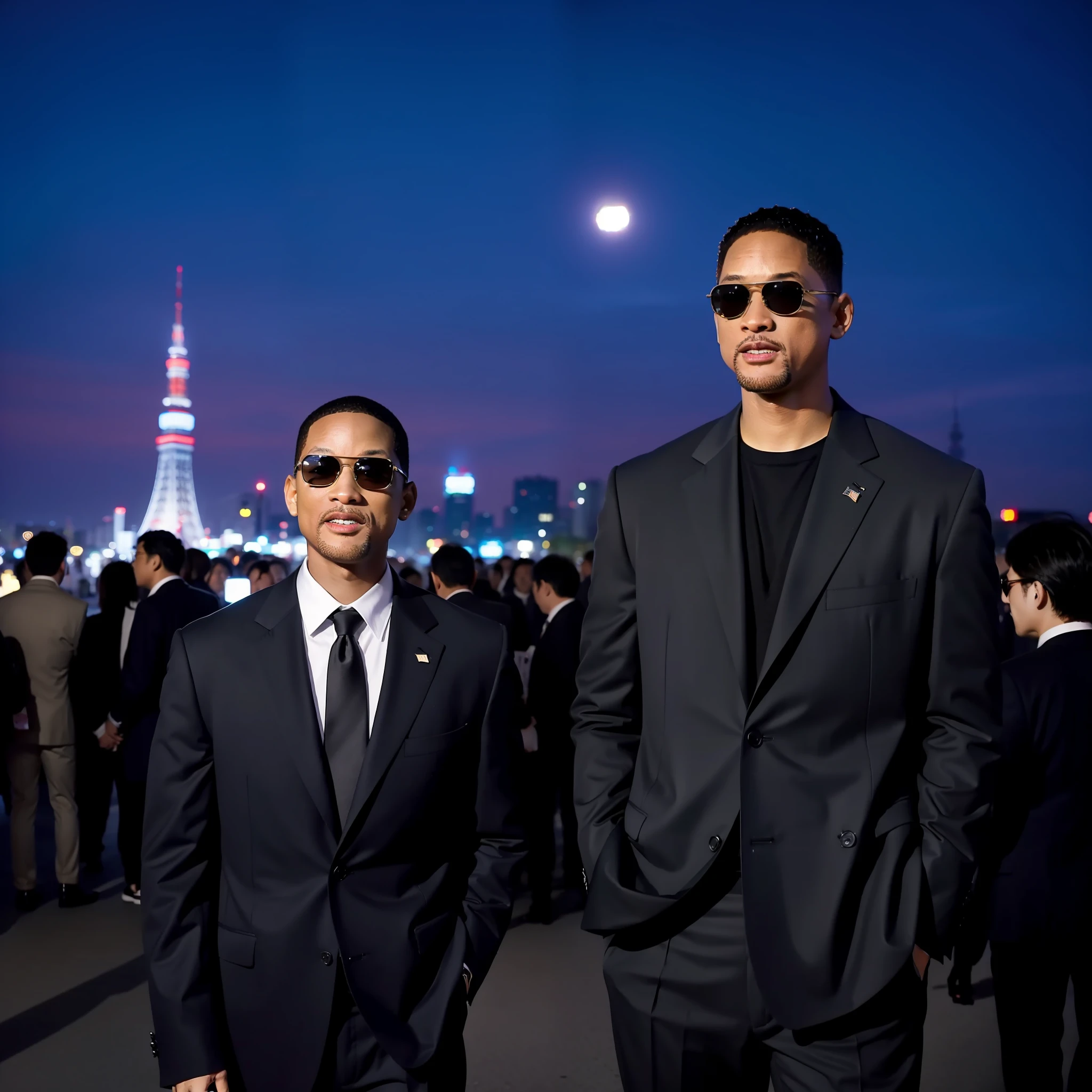 "Generate an image set in Tokyo featuring Will Smith in sunglasses, a black man standing alone, centered for easy viewing. He wears a suit. The background is a night view, so please draw Tokyo Tower faithfully."