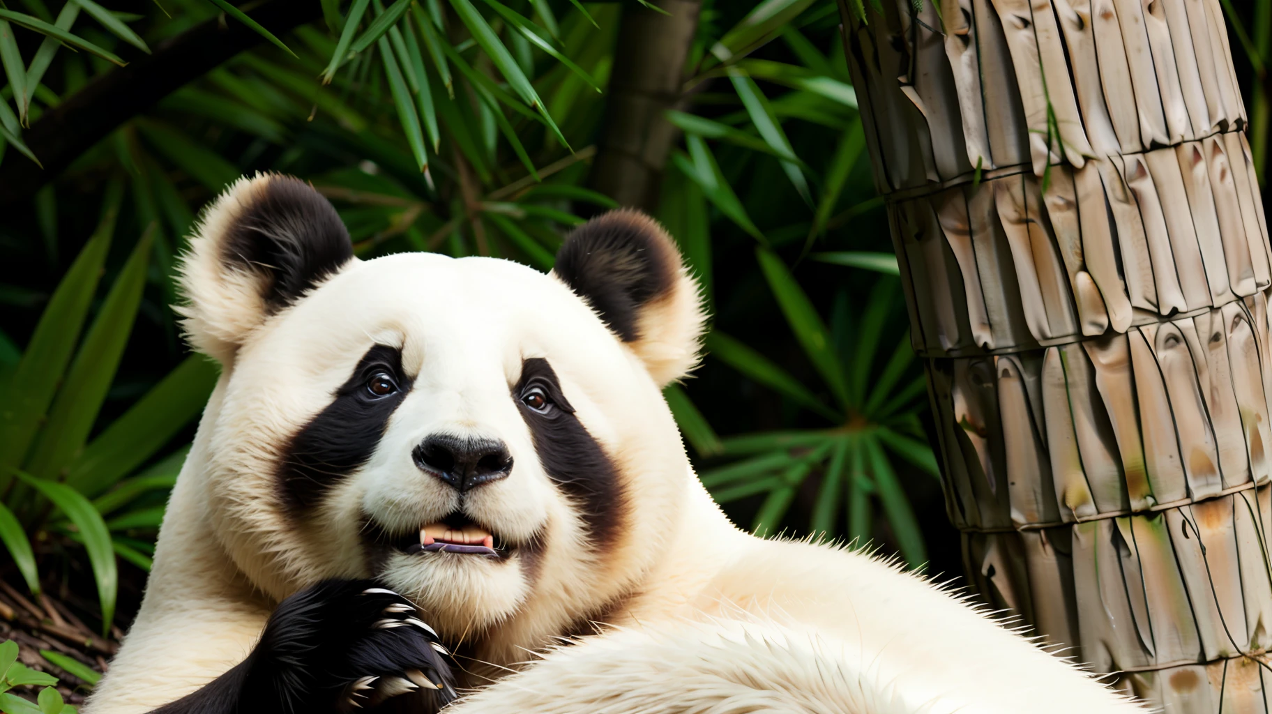 Photograph of a panda eating bamboo in a forest with other pandas (good composition), (in frame), centered, 8k, 4k, detailed, attractive, beautiful, impressive, photorealistic, realistic, cinematic composition, volumetric lighting, high-resolution, vivid, detailed, stunning, professional, lifelike, crisp, flawless, DSLR, 4k, 8k, 16k, 1024, 2048, 4096, detailed, sharp, best quality, high quality, highres, absurdres