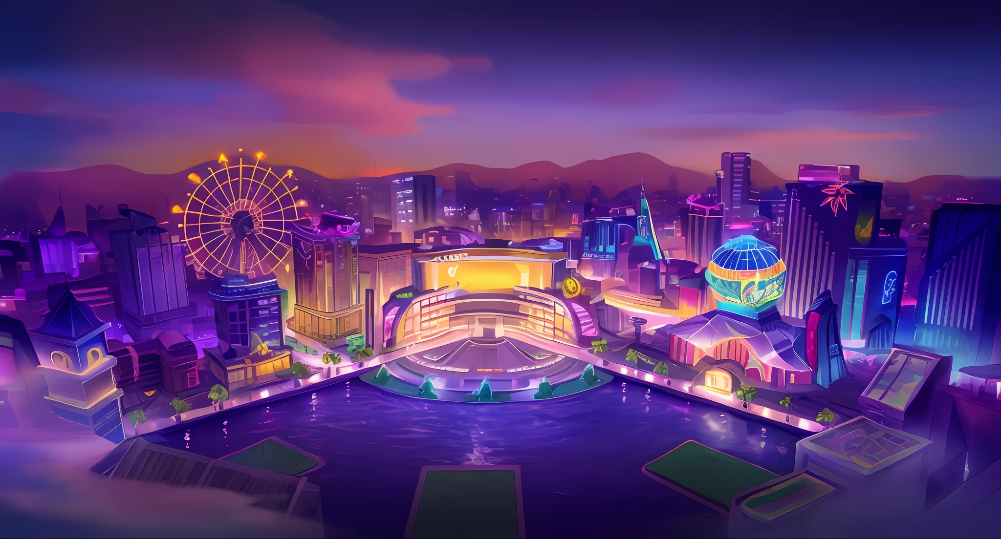 cartoon city scene, casino building, futuristic metropolis, neon signs, cityscape, gradient night sky, led screen on building, holographic display, skyline, skyscraper, macaron tones, masterpiece, best quality, illustration, 8K, UDH, luminosity
