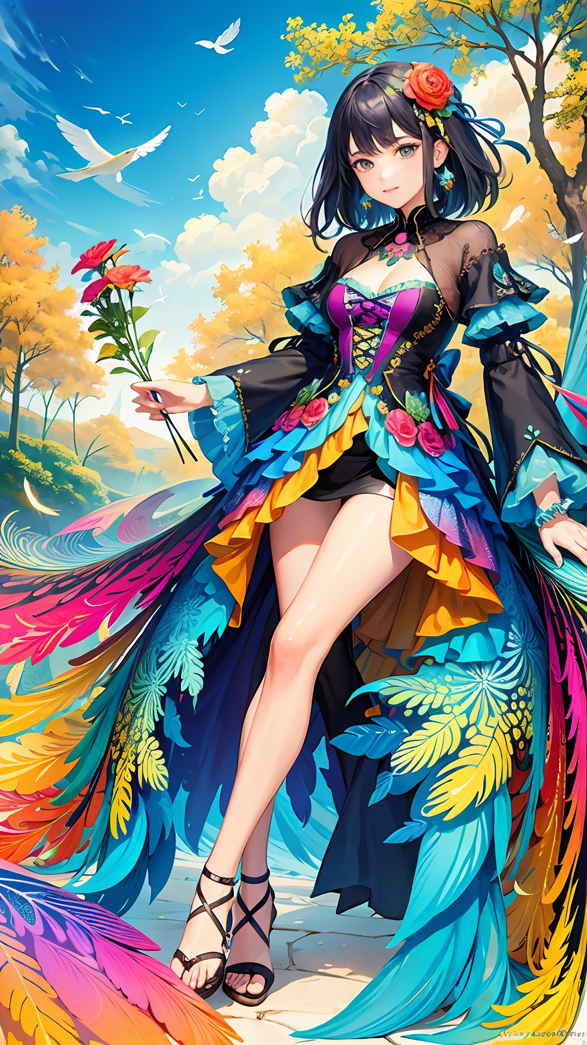 colorful flowers, feather, (masterpiece, top quality, best quality, official art, beautiful and aesthetic:1.2), (1girl:1.3), (fractal art:1.3),