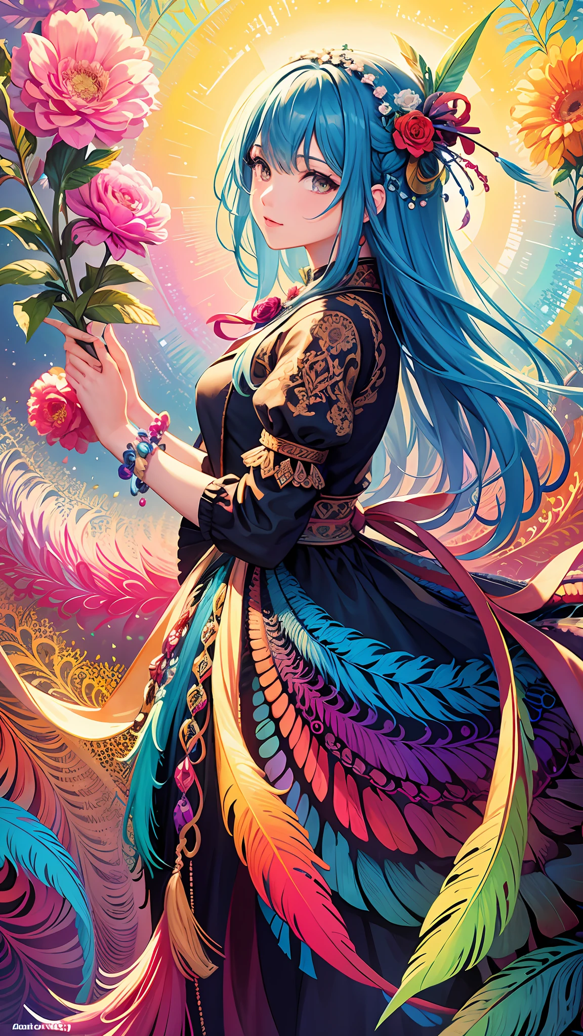 colorful flowers, feather, (masterpiece, top quality, best quality, official art, beautiful and aesthetic:1.2), (1girl:1.3), (fractal art:1.3),