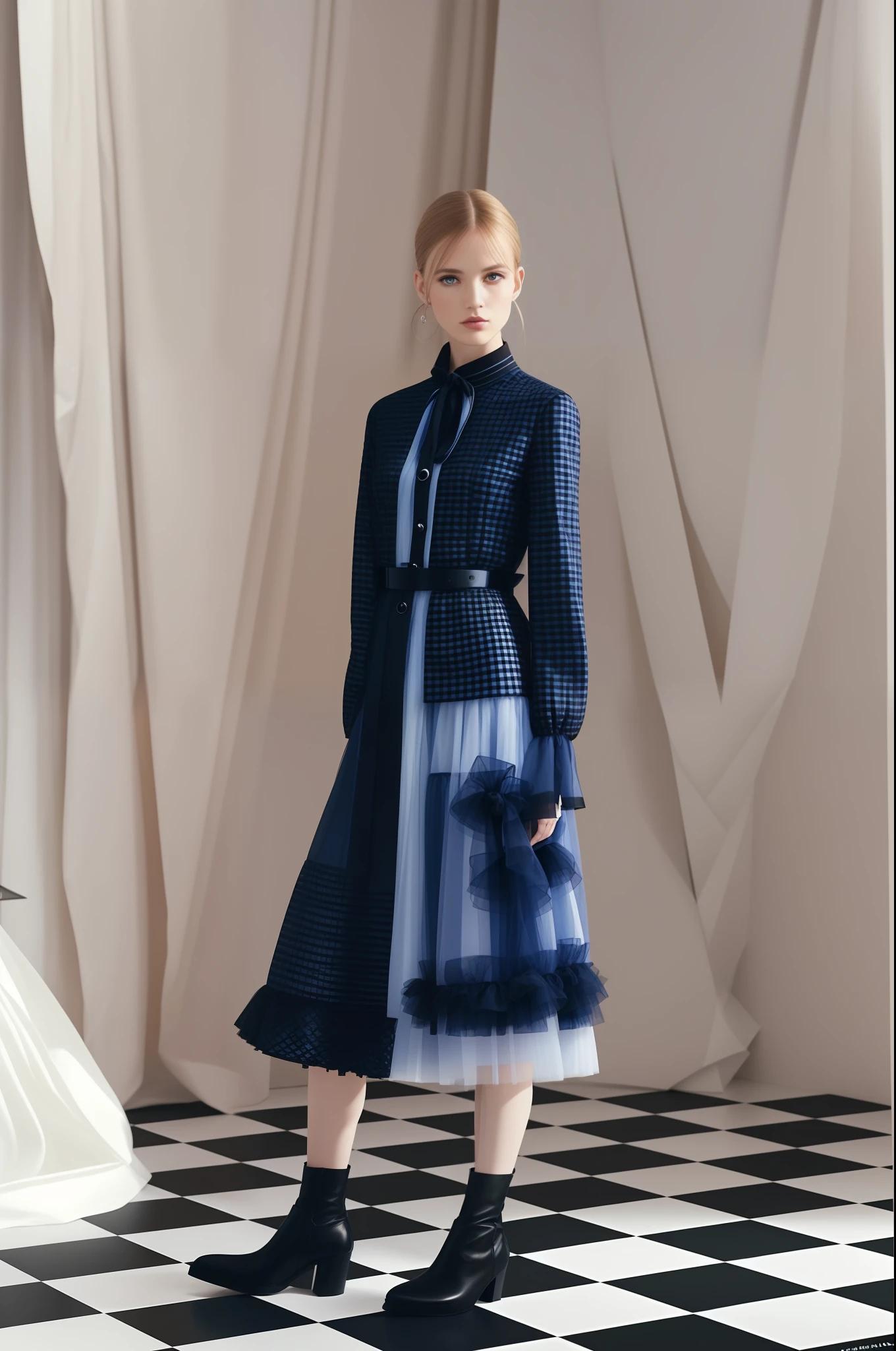 arafed woman in a blue dress and black boots standing in front of a white and black checkered floor, official dior editorial, official valentino editorial, sabina klein, oscar de la renta, blue silk dress, official jil sander editorial, balenciaga, by Lisa Milroy, by Emma Andijewska, by Eva Gonzalès