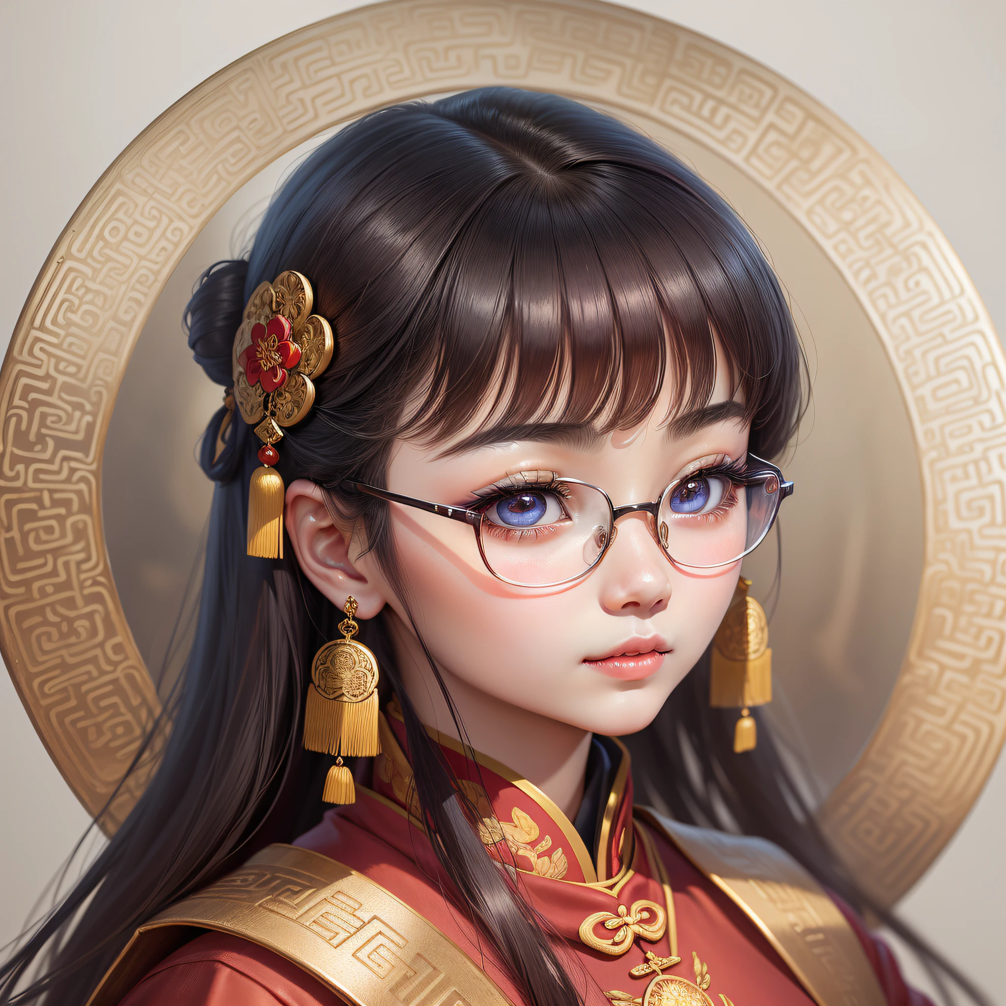 (Extremely detailed portrait), cute, charming and adorable, (20-year-old ancient imperial young Chinese lady), (unique eyes,+chinese beauty standard: 1.2), up-close shot, elegant traditional dress, (wearing glasses),( mature look)