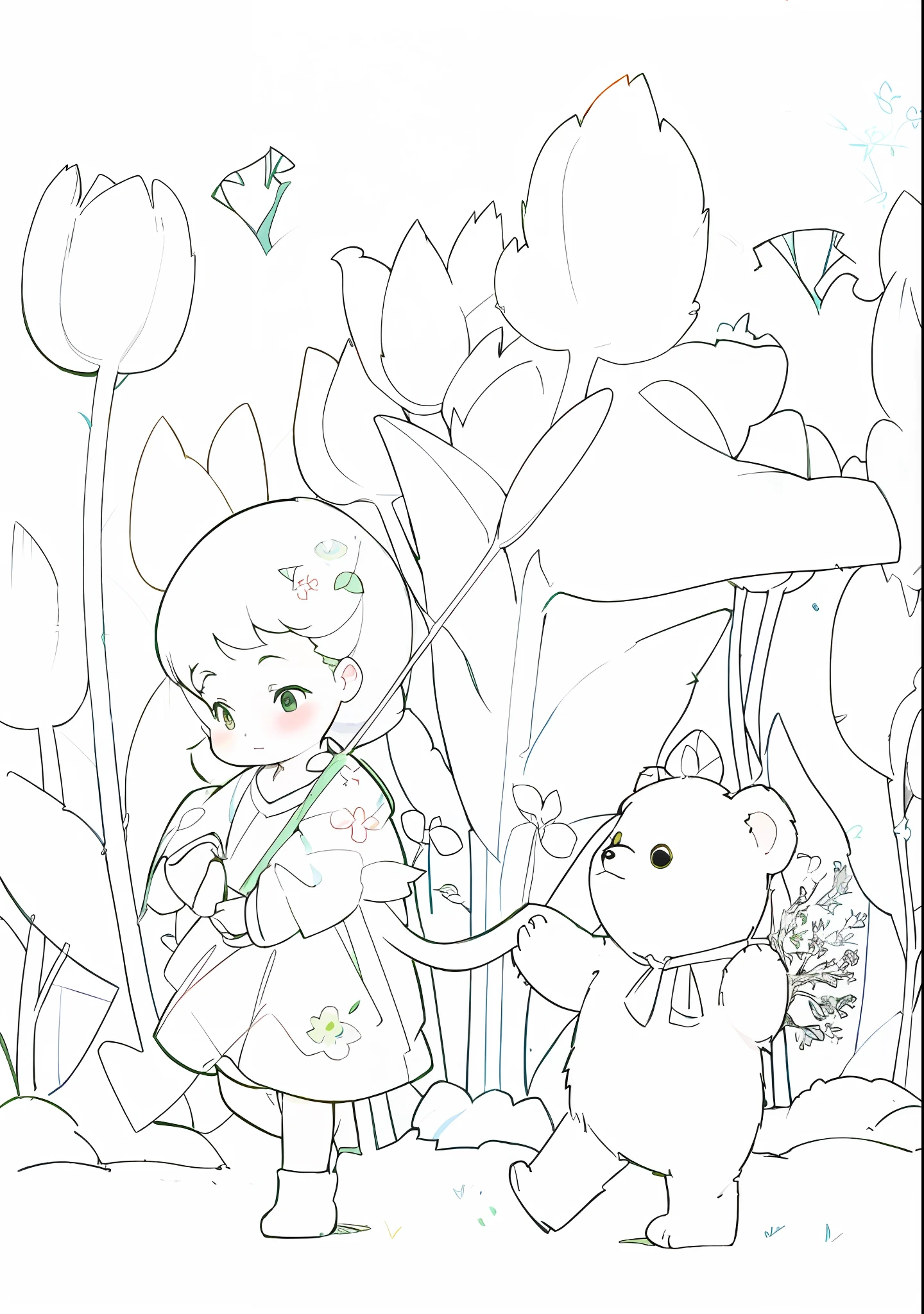 (Coloring book outline, clean and meticulous coloring, children's book drawing style) ****** girl and brown bear walk through the blooming garden, colorful, shady trees, sometimes green, sometimes flowers, dynamic scenery.