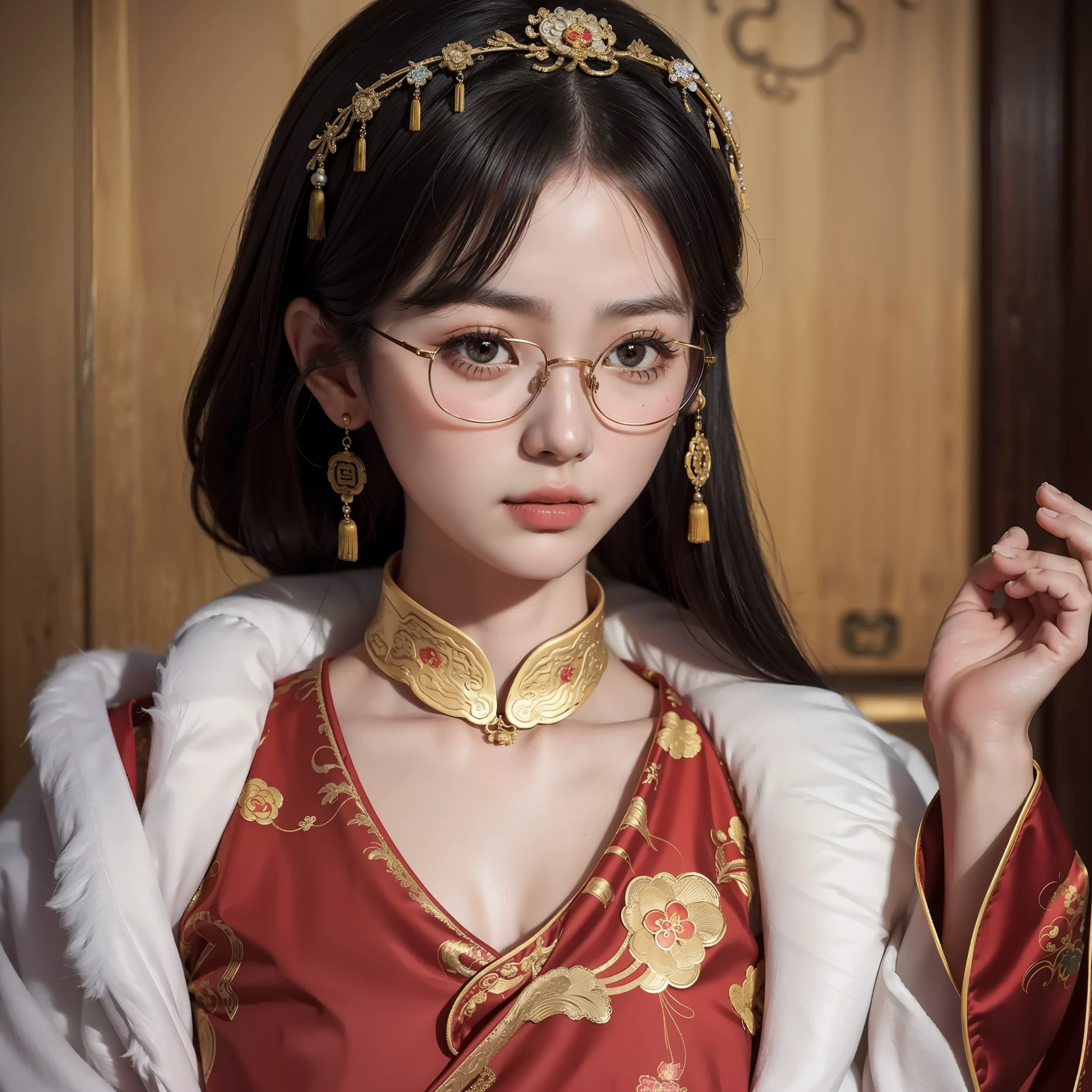 (Extremely detailed portrait), cute, charming and adorable, (20-year-old ancient imperial young Chinese lady), (unique eyes,+chinese beauty standard: 1.2), up-close shot, elegant traditional dress, (wearing glasses),( mature look)
