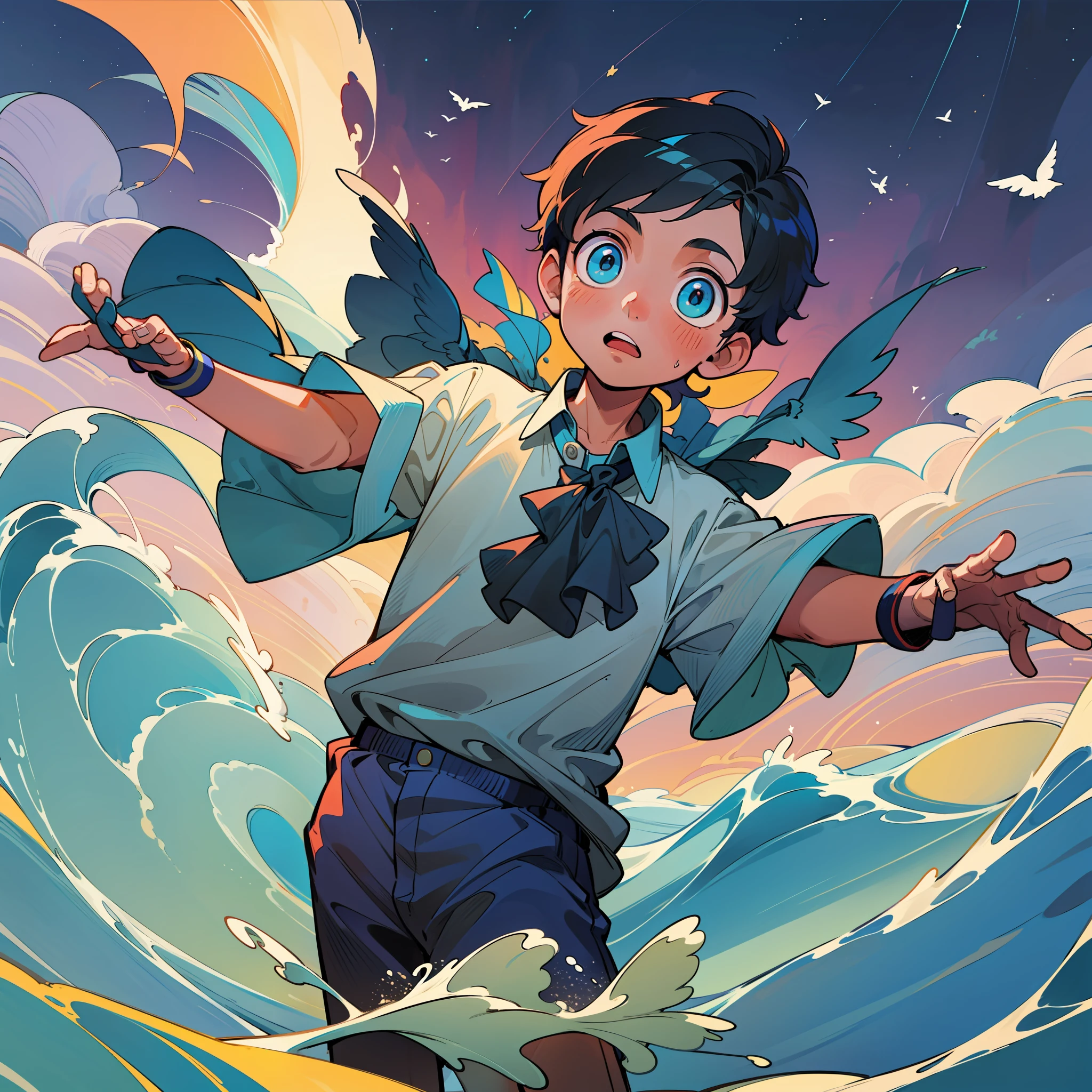 The little boy stands in the middle of the waves, the waves flood the boy's lower body, the little boy shows his upper body, the little boy's two hands are raised, the birds fly before and after the picture, close-up perspective, picture book style, colorful, beautiful night light