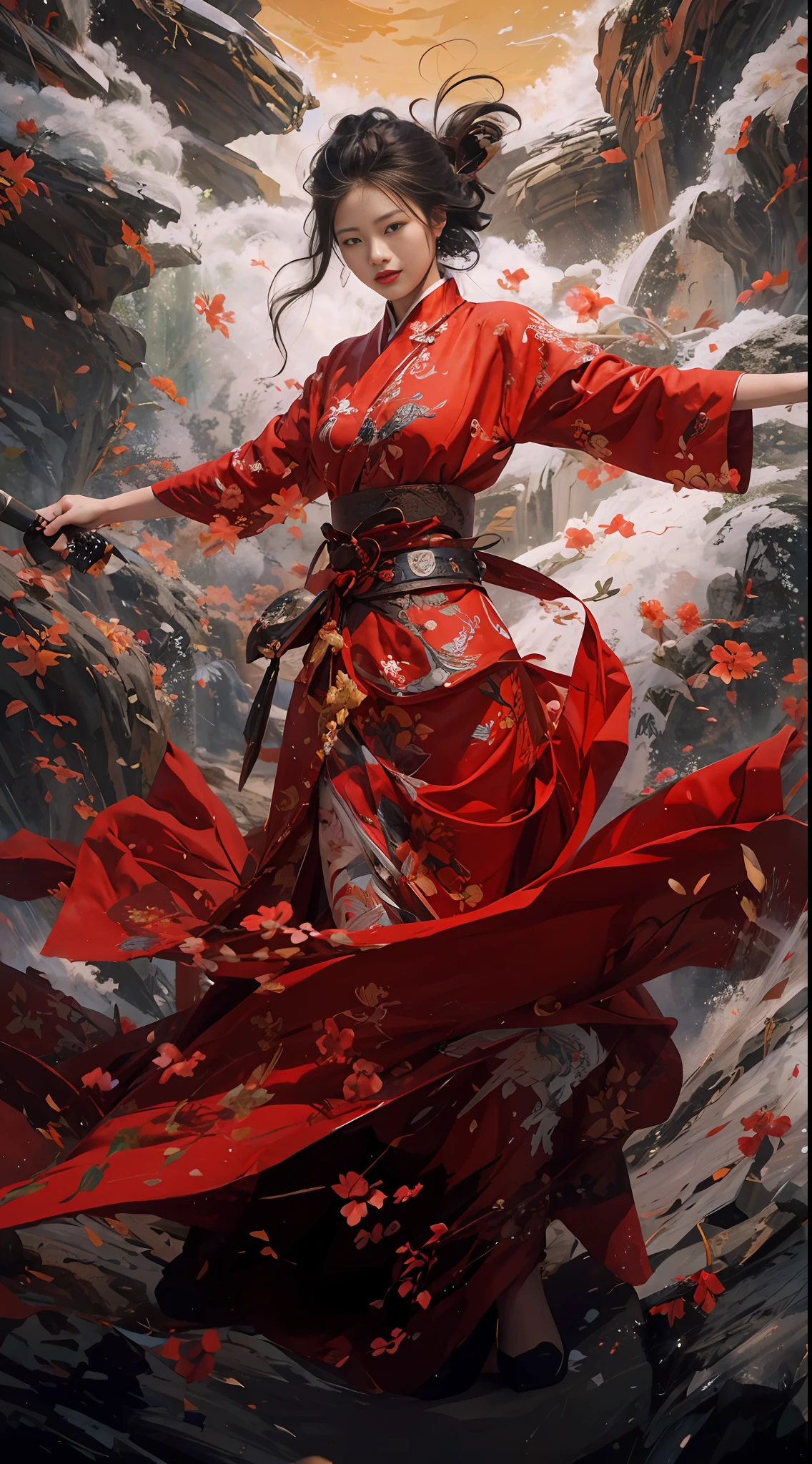 raw photo, best quality, masterpiece, ultra high res, (photorealistic:1.4), Anime a poster, 1hand holding a big long knife, two hands, wear kungfu master cloth, wave, chinese traditional ink style, Maiden Dragon Slayer, main color is red and white and black ink, dynamic movement, dynamic pose, movement, full body::1 Amazing Vector in oil painting environmental art cinematic, diorama, intricate detail, solo, dress, floating_hair