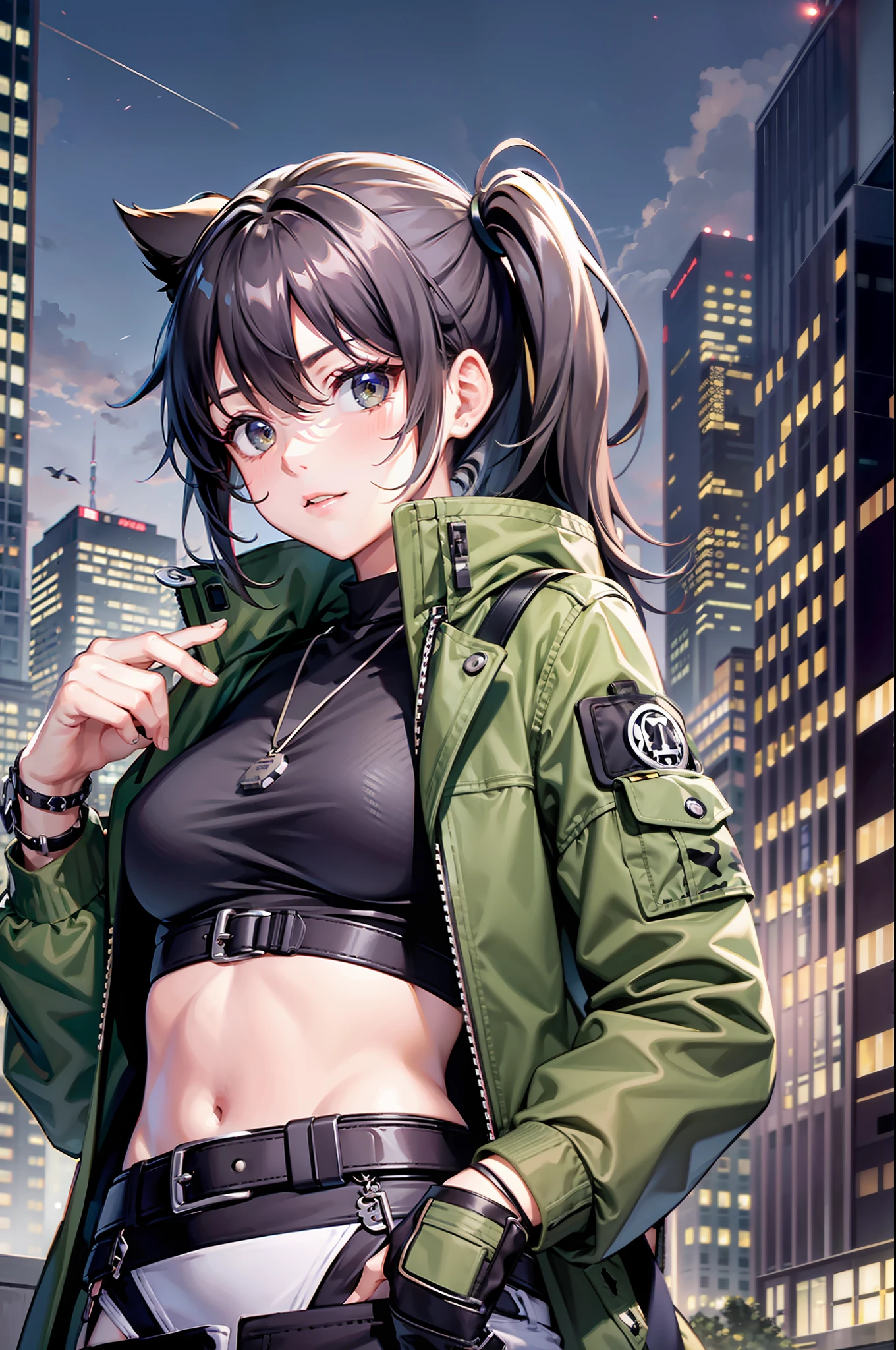 Solo, Masterpiece, Best Quality, 1 Woman, Dark Feeling, Perfect Female Upper Body, (Type Moon:1.15), Camouflage Jacket, Pants, Dog Tag Necklace, Belt, Exposed Navel, City at Night