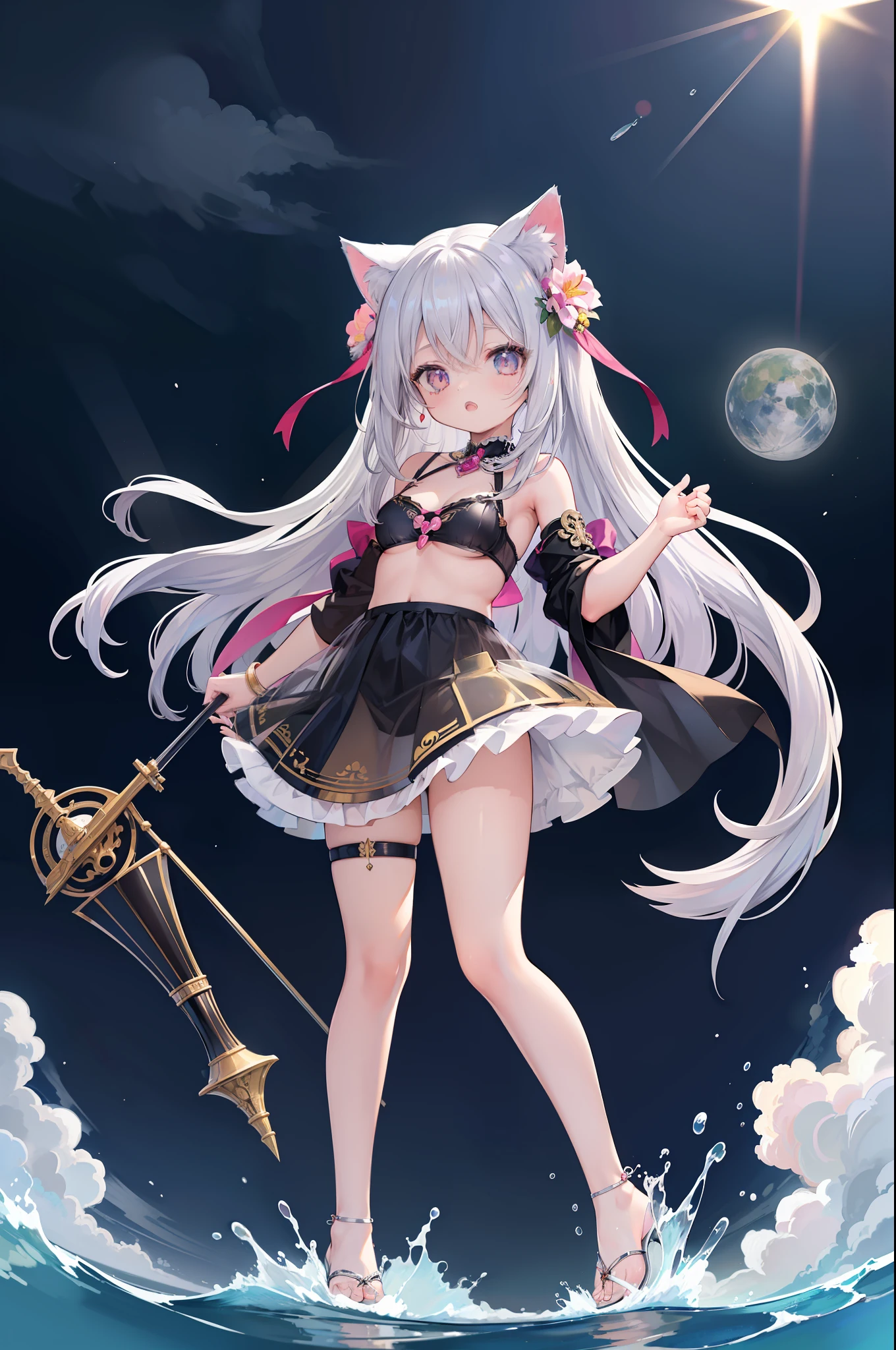 (Masterpiece), (Top Quality Anime Illustrations), (Super Definition), One Girl, Solo, Beautiful Girl with Silver Hair, Anime , Cat Ears Loliightly Larger Breasts, Cleavage Emphasis, Underboob, Thigh Emphasis, Bastet God Costume, See-through, Egyptian Mythology, Water
