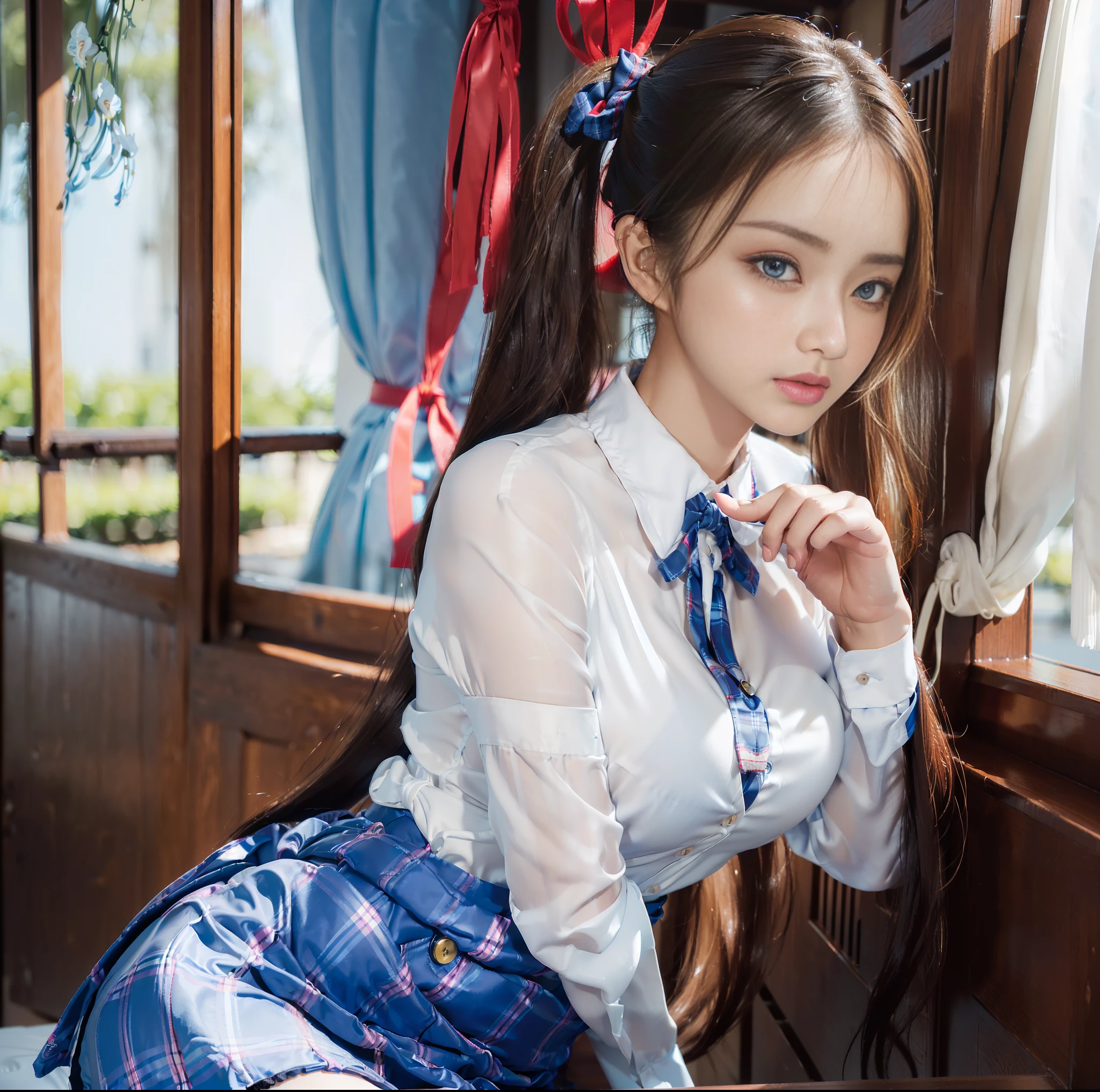 (top quality, masterpiece), 1girl, intricate details, (realistic lighting with shades), huge file size, high resolution, elegant, realistic, (perfect anatomical depiction of the human body), teenage girl standing in Japan schoolgirl outfit, serious look, girl whitening skin blue eyes, long hair with bangs is a brunette Japan with pigtails, japanese, ( Very big), (super big), (thin waist), (thin thighs), (), (((crimson ribbon tie)). (neat white blouse of smooth thin fabric), (blouse breasts are very cramped), (no bra), (dark areolas), (blouse crushes large breasts and spreads to the side), (dark blue tartan check micro mini pleated skirt), skirt is short and panties are almost visible, (white and large panties covering the buttocks), ((no skin exposed on the upper body)), ( neat clothes with all buttons fastened), (the hem of the blouse is tucked inside the skirt), (the belly, back and chest are hidden by the blouse and cannot be seen directly), (beautiful big blue eyes), (thin and clear double eyelid lines in the eyes), (glossy, plump and brightly toned tear bags under the eyes), (pale blue iris), (some highlights on the iris and pupil), ( Red expression of conjunctiva), (long eyelashes that are well visible), (Blouse with super big), (skin and hair sparkling in the sunlight), Shot in a dark room with western sunlight, (She is staring at the person in front of her with a slight shrug with her inner thighs), ((holding her buttocks with both hands)), (Shot from directly in front or directly behind), perfect hands, nice hands, bowtie, cameltoe,