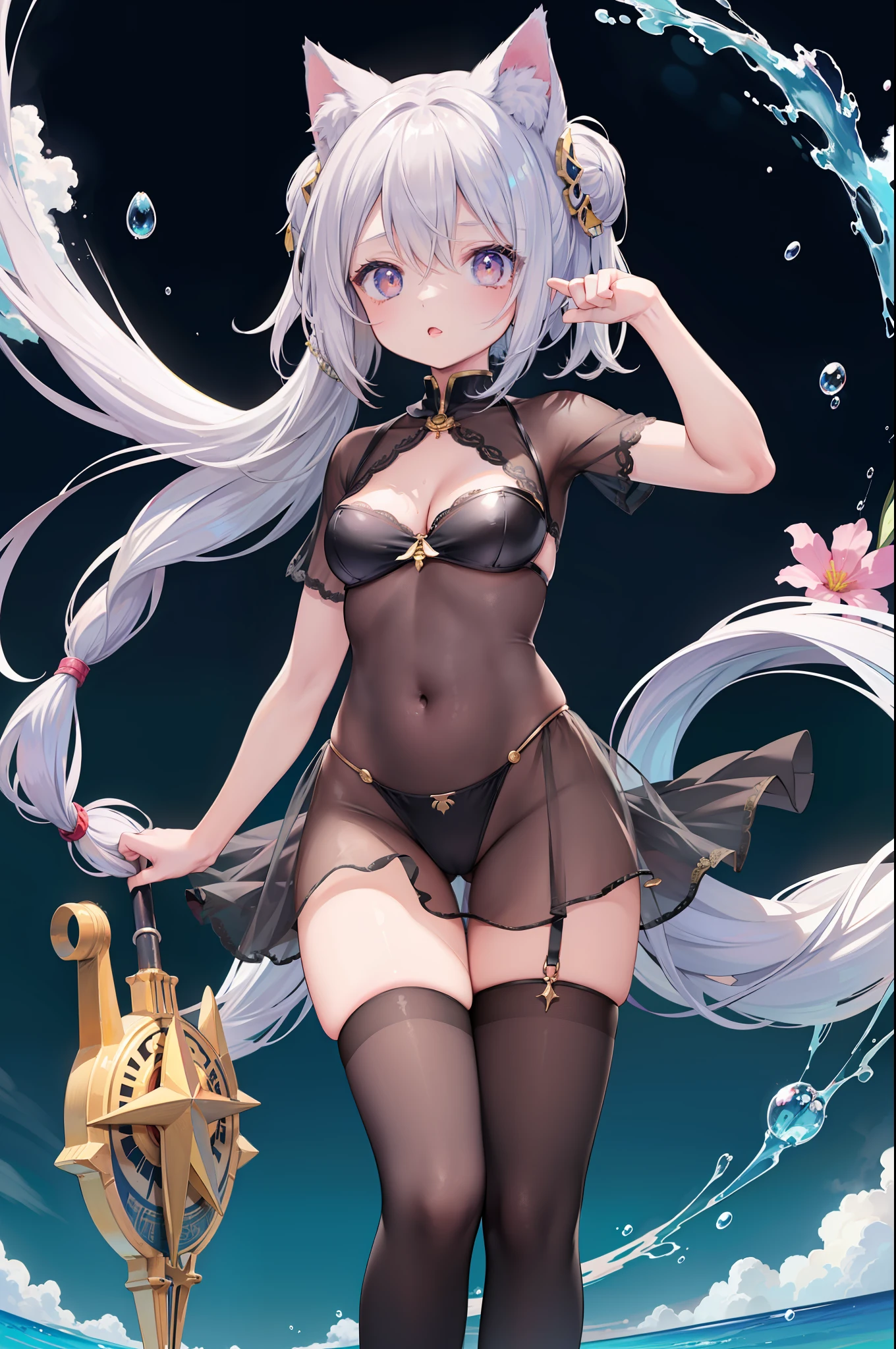 (Masterpiece), (Top Quality Anime Illustrations), (Super Definition), One Girl, Solo, Beautiful Girl with Silver Hair, Anime Loli, Cat Ears Loli, Slightly Larger Breasts, Cleavage Emphasis, Underboob, Thigh Emphasis, Bastet God Costume, See-through, Egyptian Mythology, Water