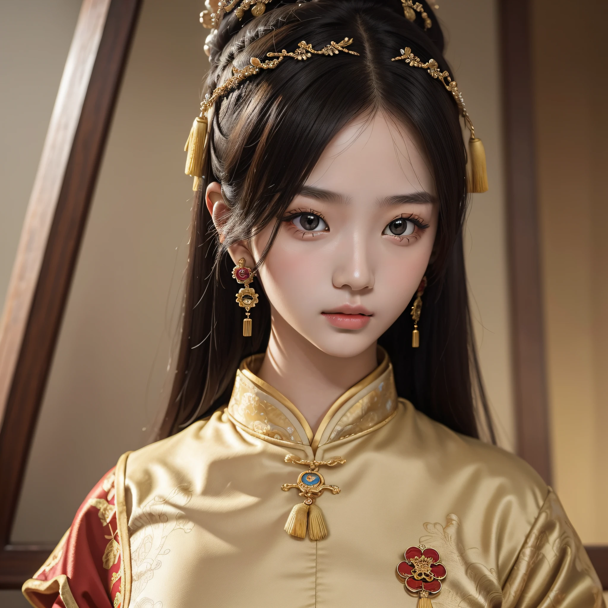 (Extremely detailed portrait), cute, charming and adorable, (20-year-old ancient imperial young Chinese lady), (unique eyes,+chinese beauty standard: 1.2), up-close shot, elegant traditional dress.