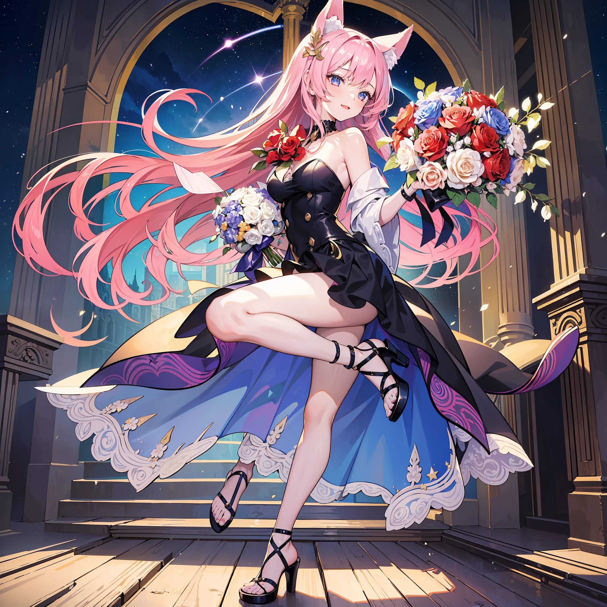 (masterpiece, top quality, best quality, beautiful illustration,official art, beautiful and aesthetic,1woman,:1.5),(woman holding a bouquet:1.5),long pink hair, oversized shirt, hot pants, High heeled sandals, sparkling eyes, fox ears, delicately made accessories, happy expression, bouquet of flowers, relaxed, fun, masterpiece backgrand, night sky, shooting star, crescent moon,