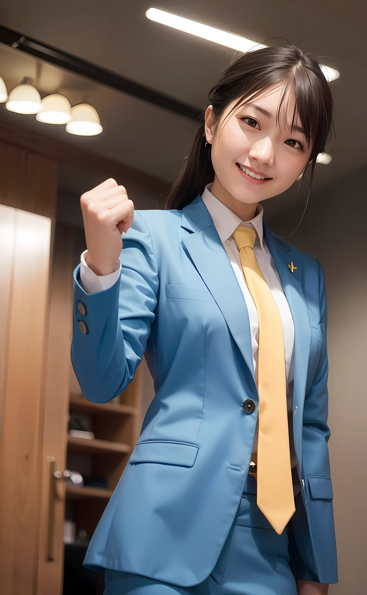 Japan woman, one woman, solo, smiling, standing. White teeth, hands are clenching, clenched fists, light blue suit, yellow tie, conference room, semi-long hair