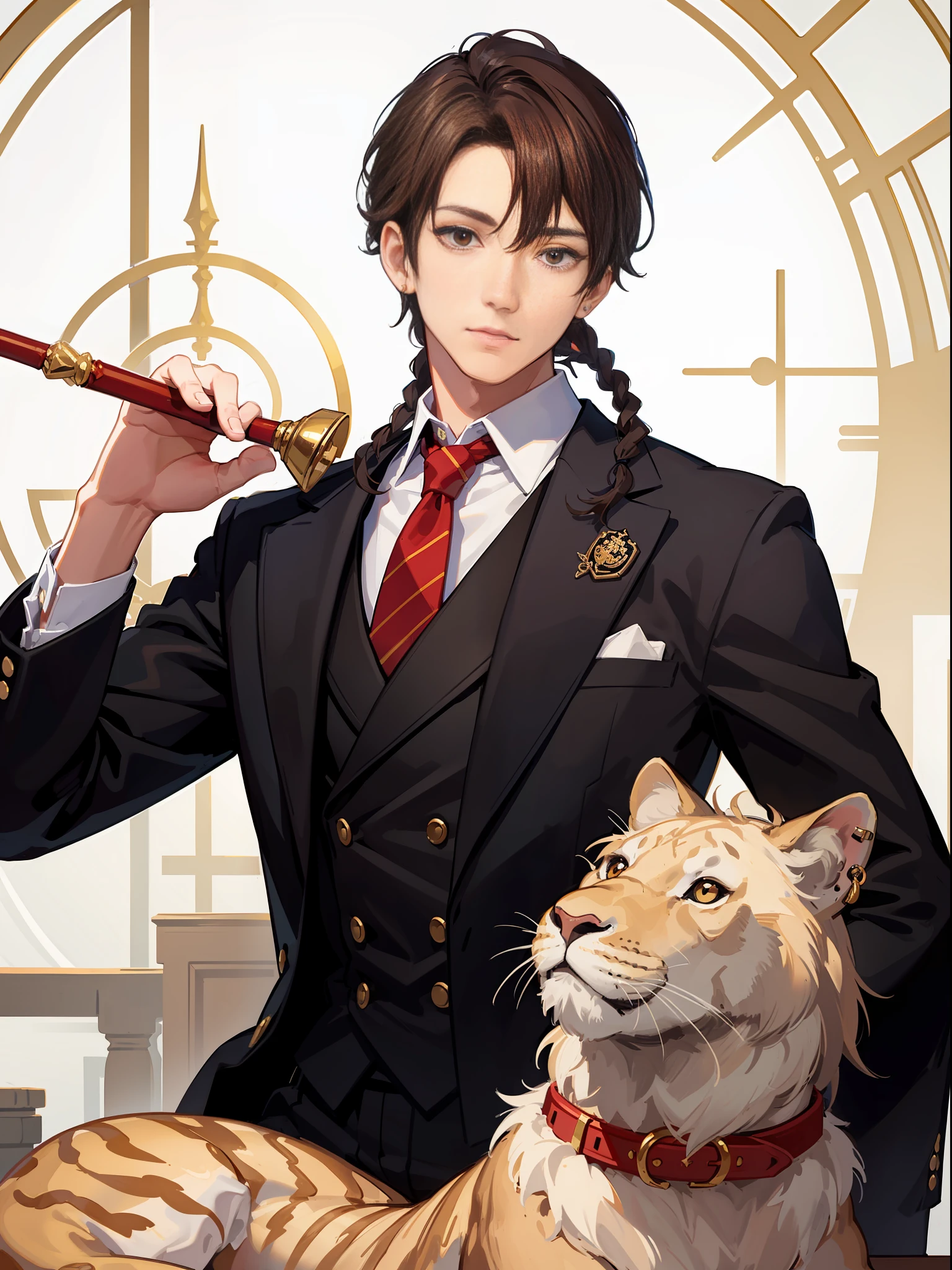 Masterpiece, best quality, (1man:1.3), shota, short hair, four long braids, earrings, stud earrings, red striped tie, corset, magician style, wrap coat, street, from above, (holland point, fisheye), lens halo, depth of field, lying lion cub next to it, muscular figure, happy, clear focus, holding a wooden magic wand, brown hair, Harry Potter style, Harry Potter clothes, holding a magic wand
