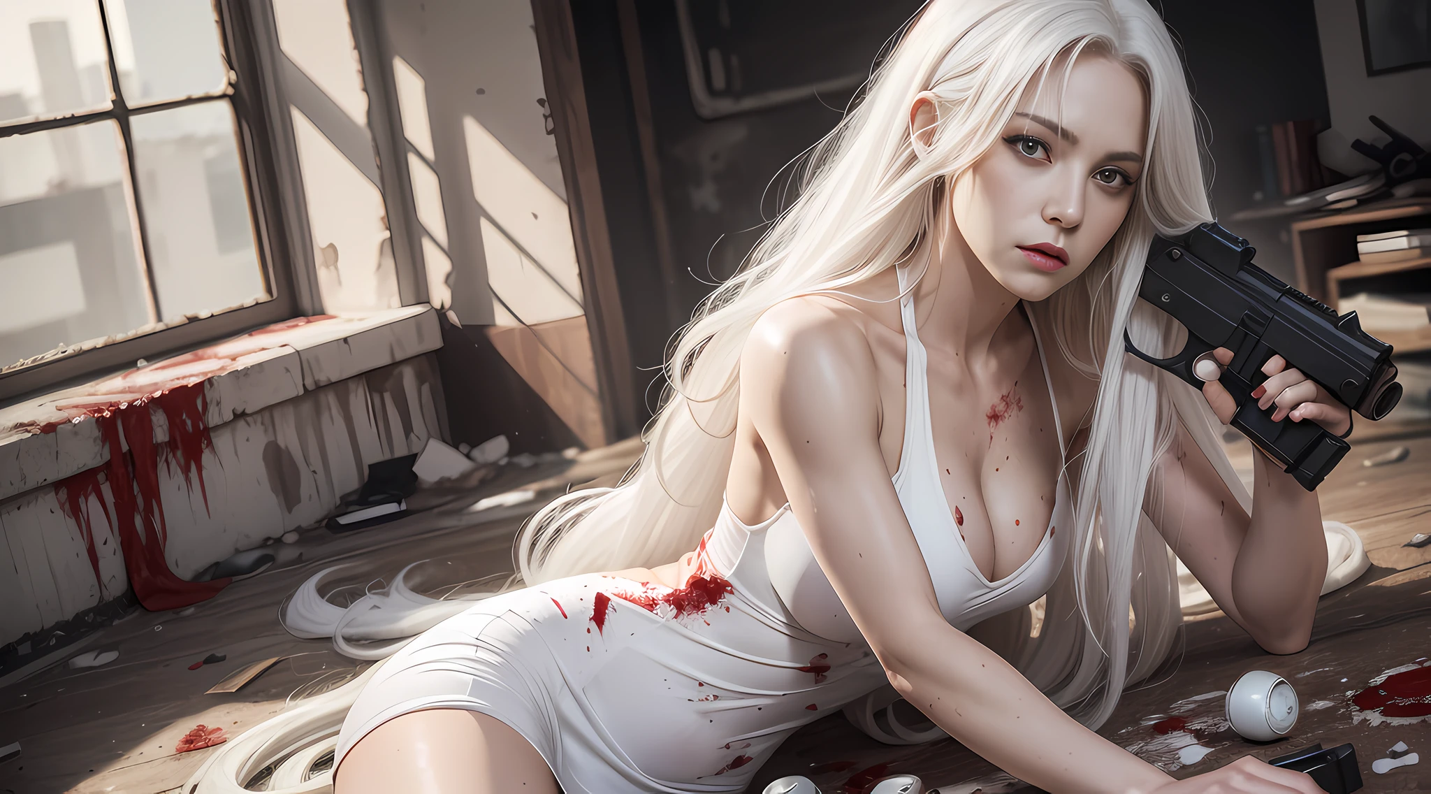 1 weak sexy beautiful woman with long white hair scattered, wearing a tight dress, body scars, in a broken room, realistic fantasy rendering, ultra-realistic 8k octane photo, cool color, perfect body proportion, perfect appearance, pose, light reflection, bullet case, firearm, blood stain, realistic style